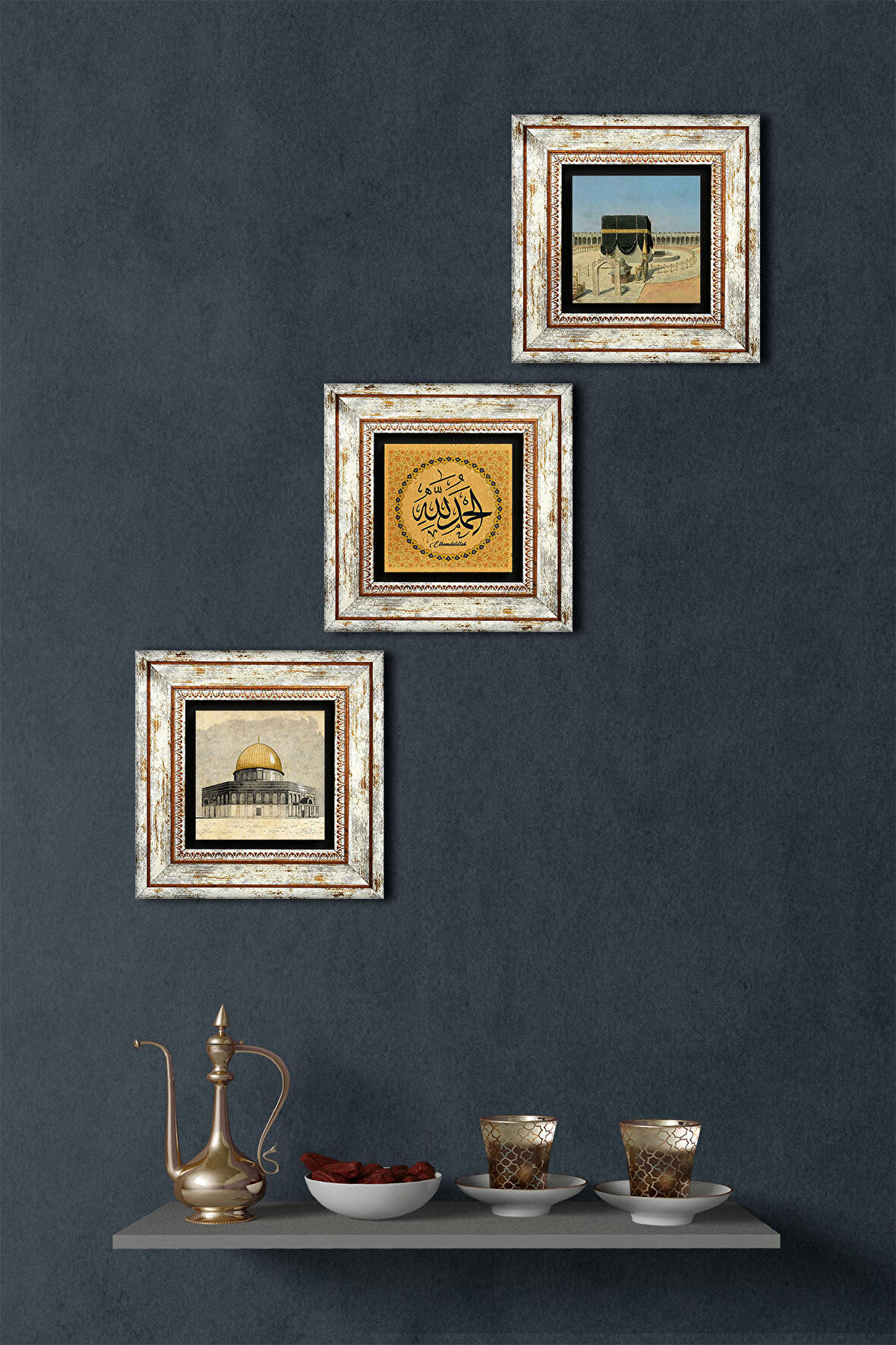 Elhamdülillah, Kabe-i Muazzama, Mescid-i Aksa Taş Duvar Tablosu Çerçeveli Duvar Dekoru 3 Parça Tablo Seti Wall Art