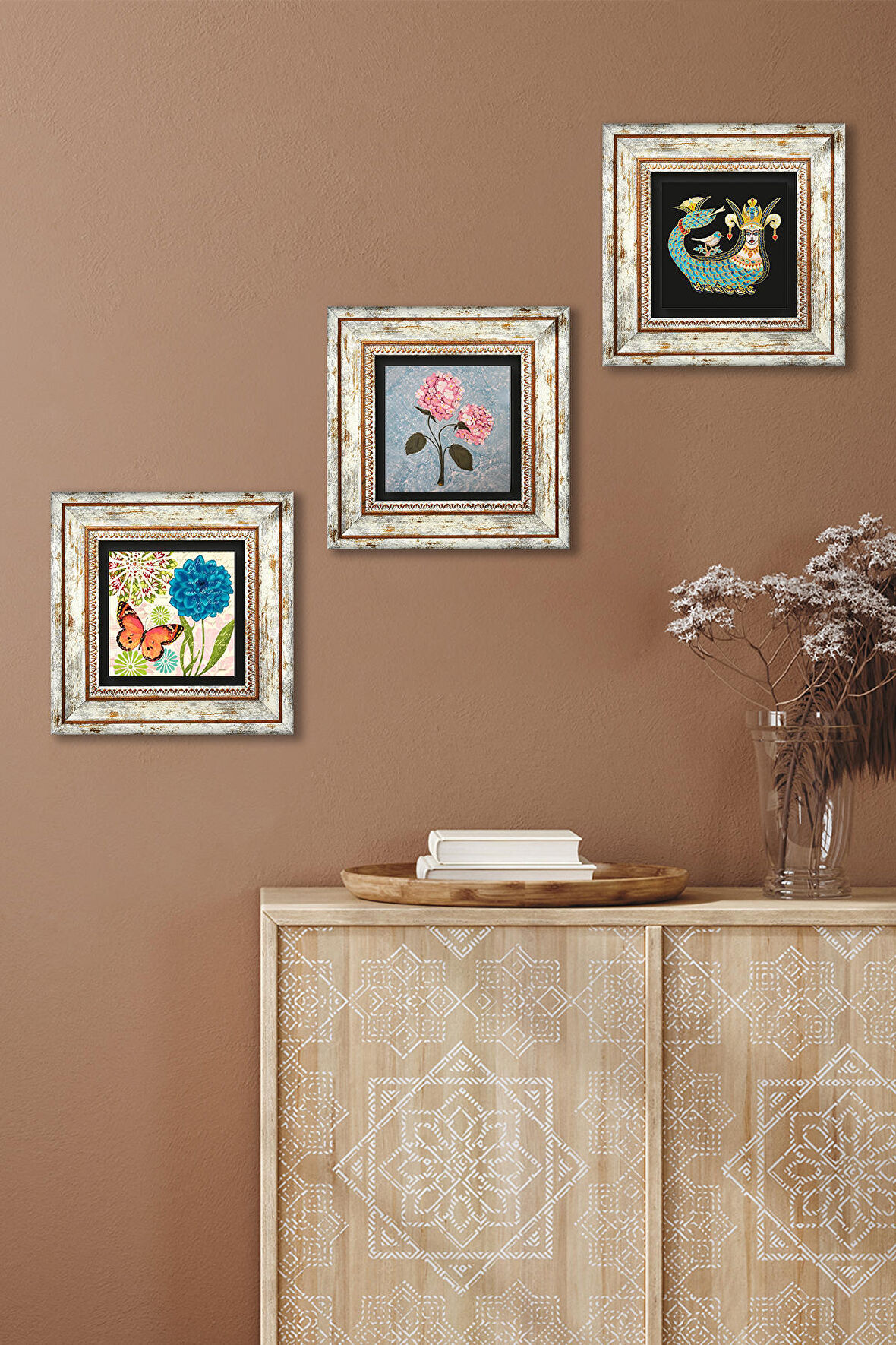 Kelebek, Pembe Ortanca Çiçeği, Şahmeran Taş Duvar Tablosu Çerçeveli Duvar Dekoru 3 Parça Tablo Seti Wall Art