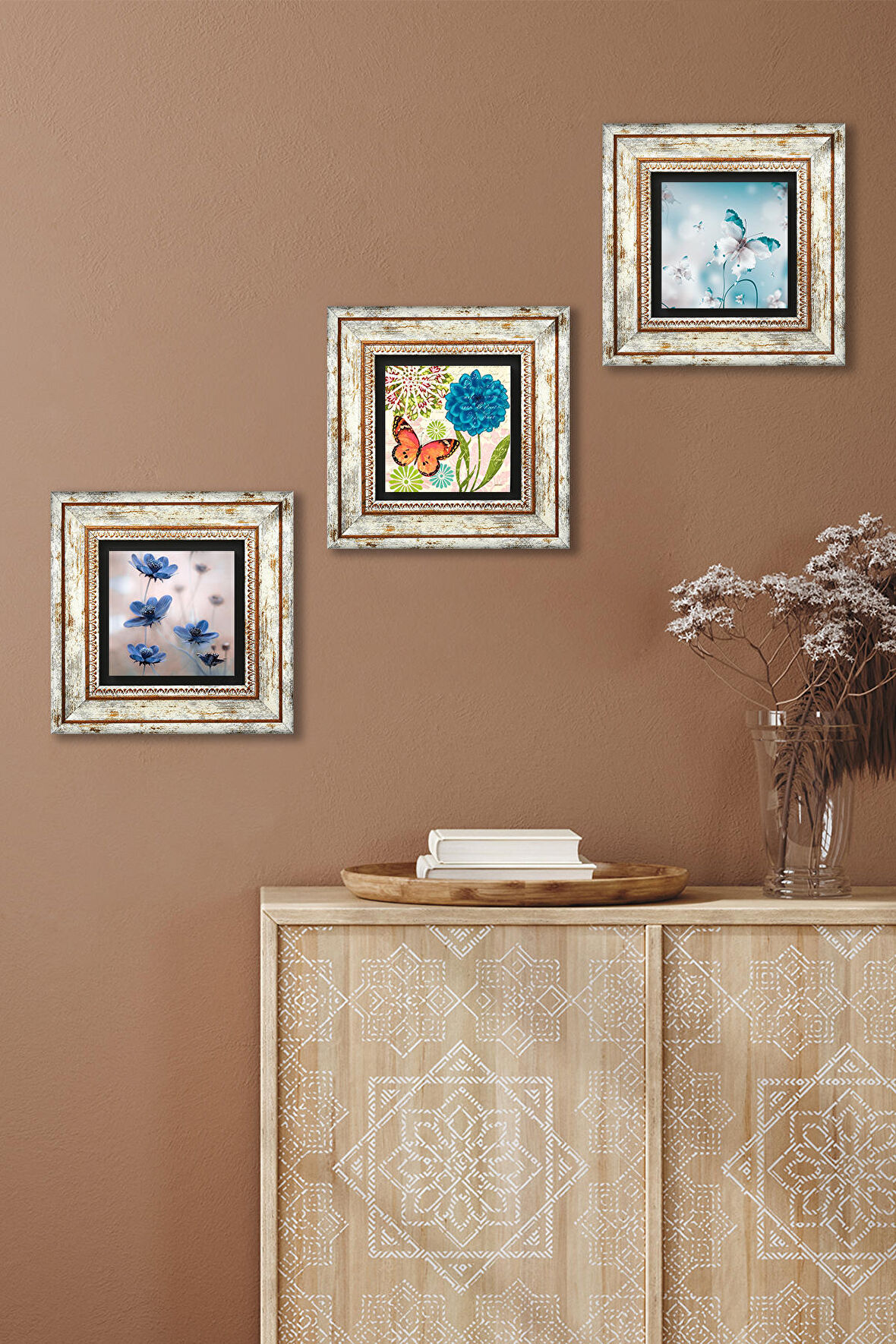 Kelebek, Kelebeğin Rüyası Taş Duvar Tablosu Çerçeveli Duvar Dekoru 3 Parça Tablo Seti Wall Art