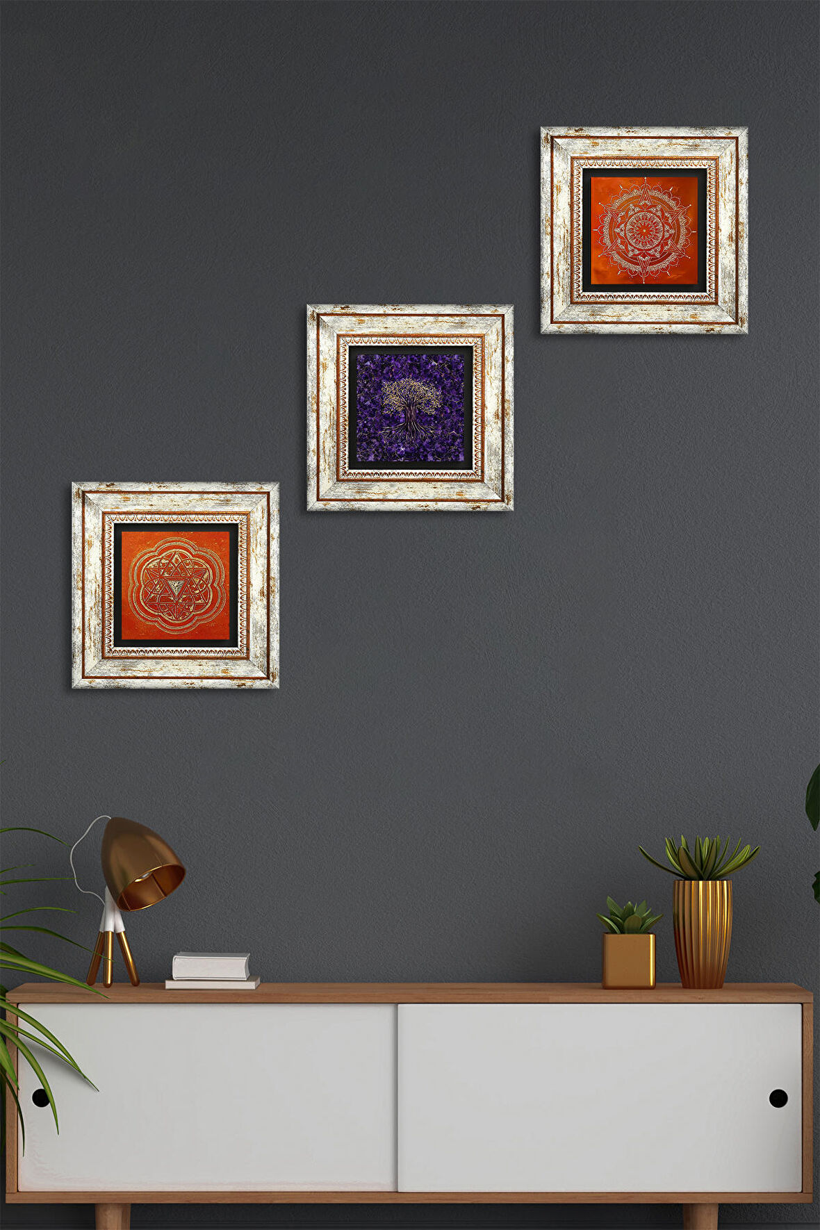 Hayat Ağacı, Sri Yantra, Mandala Taş Duvar Tablosu Çerçeveli Duvar Dekoru 3 Parça Tablo Seti Wall Art