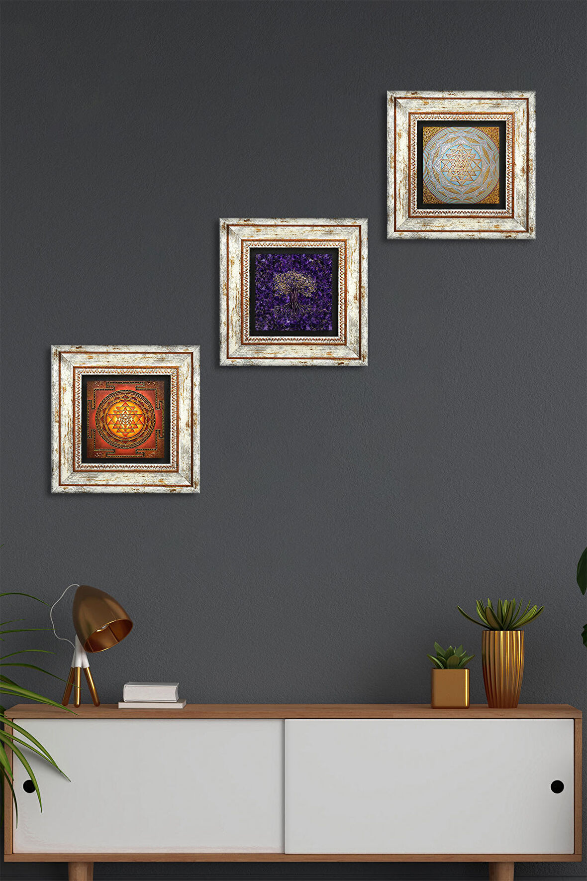 Hayat Ağacı, Sri Yantra Taş Duvar Tablosu Çerçeveli Duvar Dekoru 3 Parça Tablo Seti Wall Art