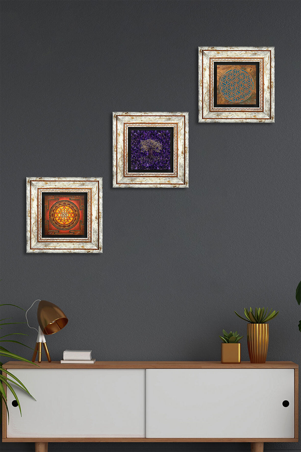 Yaşam Çiçeği, Hayat Ağacı, Sri Yantra Taş Duvar Tablosu Çerçeveli Duvar Dekoru 3 Parça Tablo Seti Wall Art