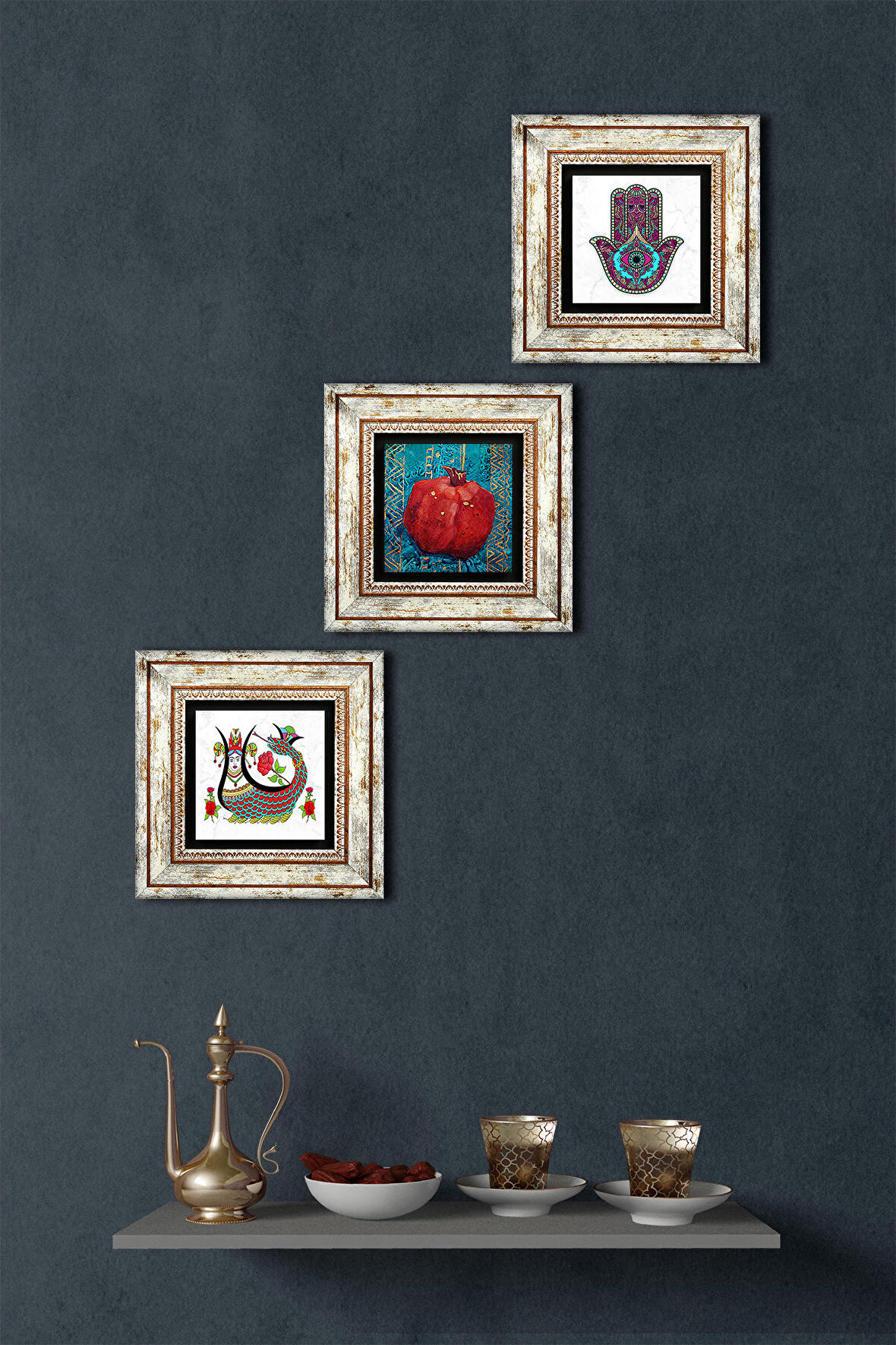 Fatma Ana Eli (Hamsa), Şahmeran, Nar Taş Duvar Tablosu Çerçeveli Duvar Dekoru 3 Parça Tablo Seti Wall Art