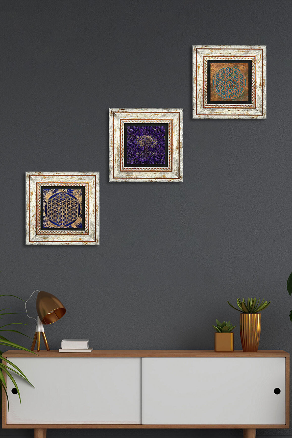 Hayat Ağacı, Yaşam Çiçeği Taş Duvar Tablosu Çerçeveli Duvar Dekoru 3 Parça Tablo Seti Wall Art