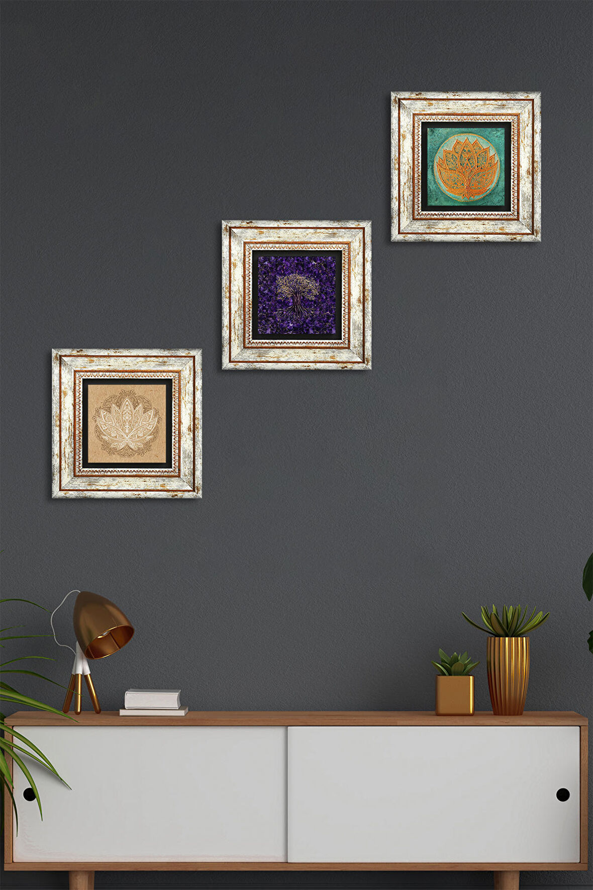 Hayat Ağacı, Lotus Çiçeği Taş Duvar Tablosu Çerçeveli Duvar Dekoru 3 Parça Tablo Seti Wall Art