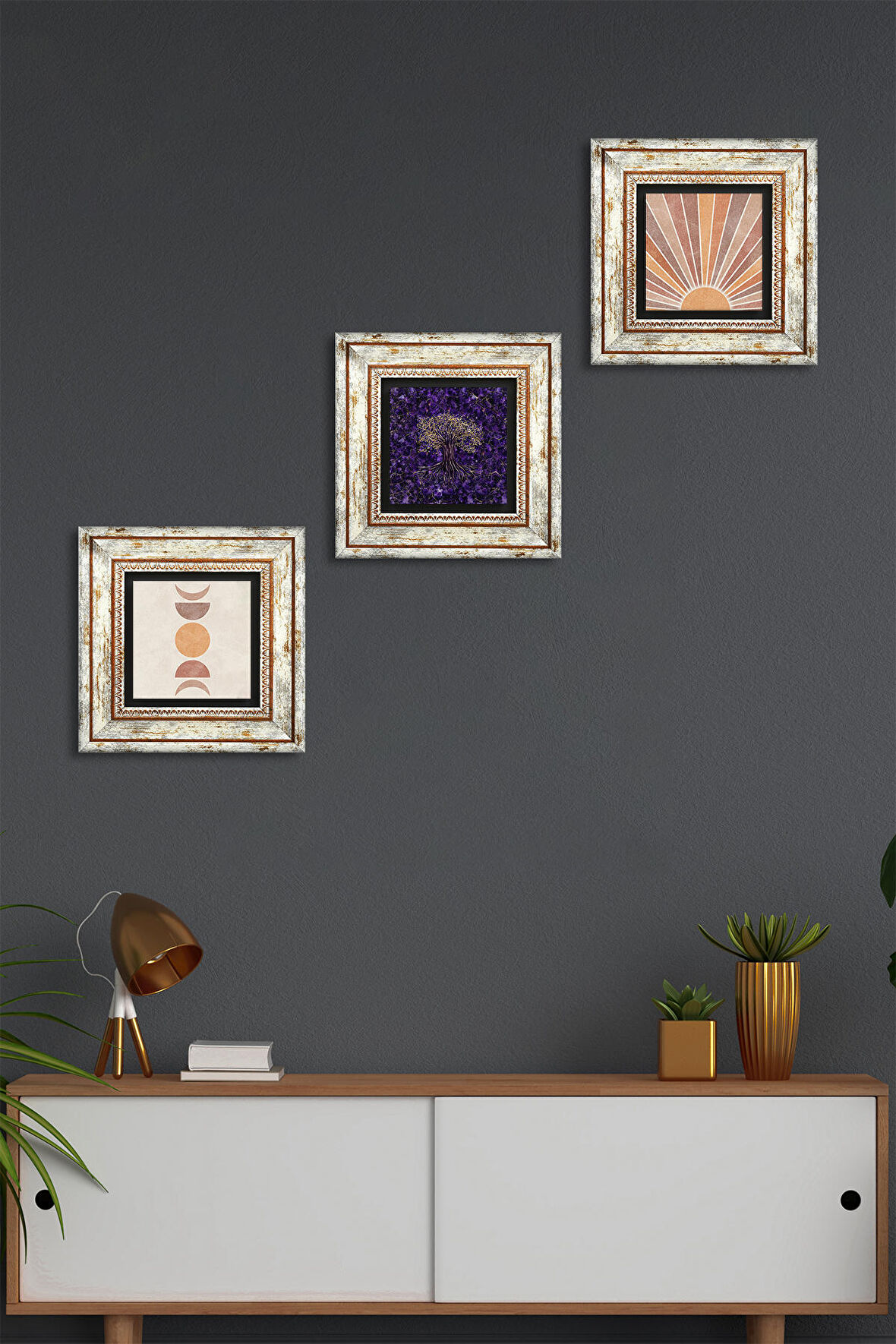 Minimalist Soyut, Hayat Ağacı Taş Duvar Tablosu Çerçeveli Duvar Dekoru 3 Parça Tablo Seti Wall Art