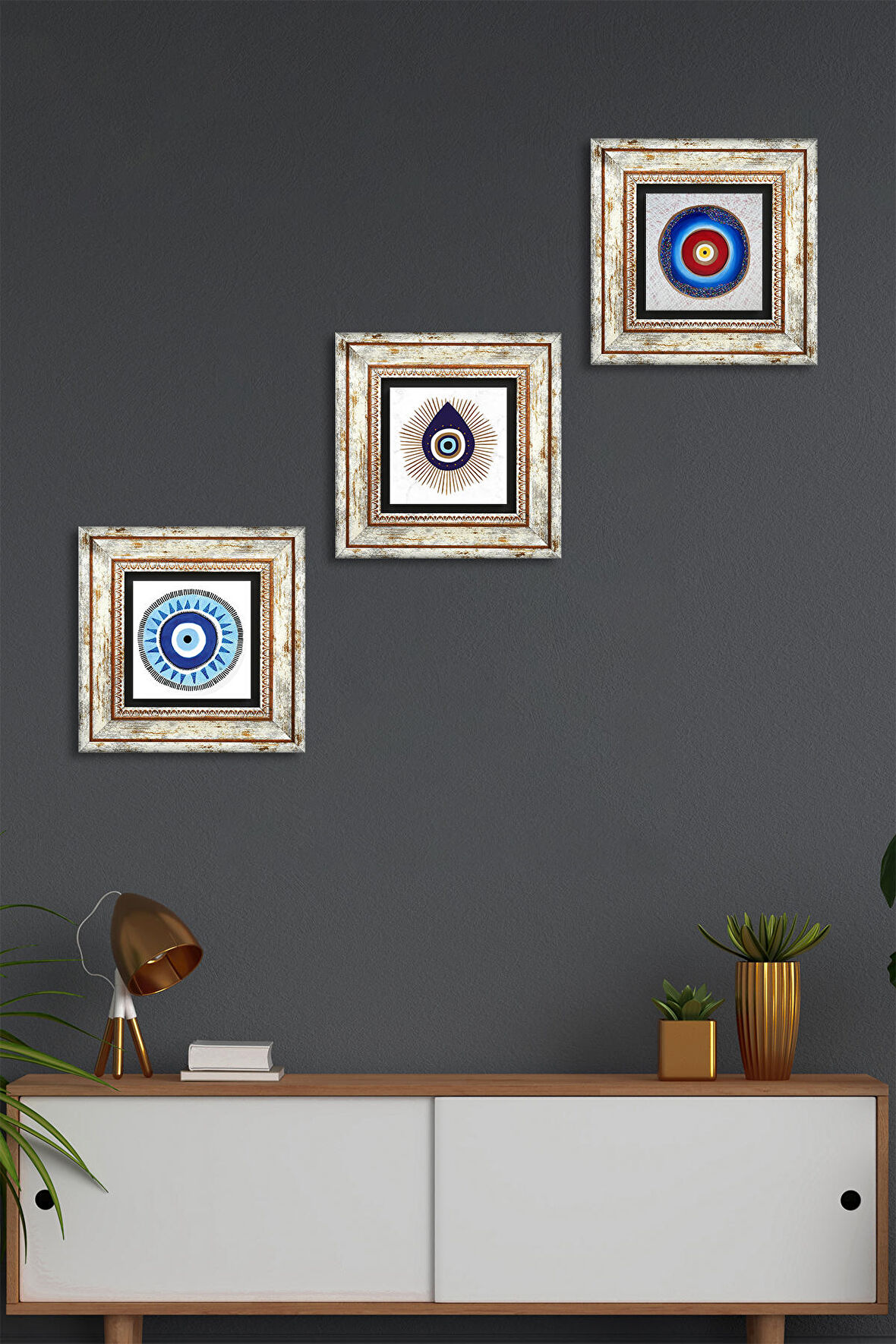 Nazar Taş Duvar Tablosu Çerçeveli Duvar Dekoru 3 Parça Tablo Seti Wall Art