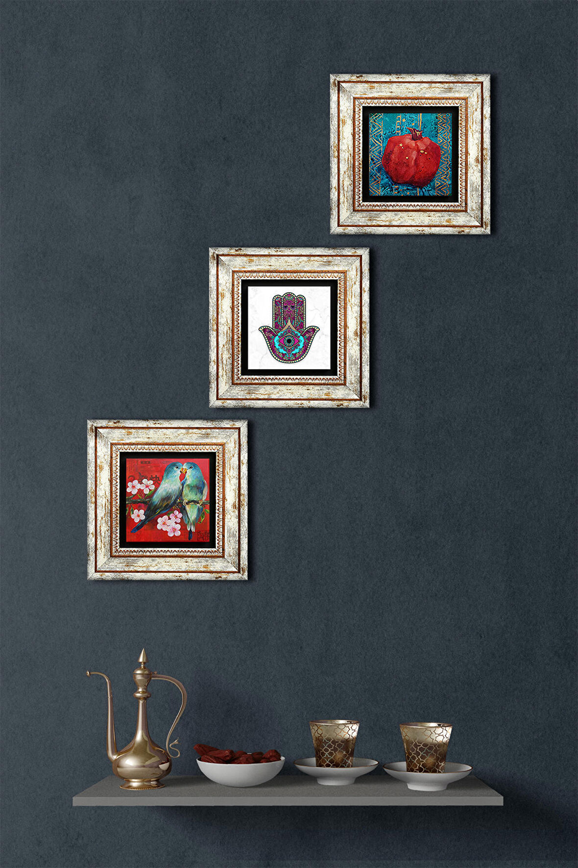 Kuş, Fatma Ana Eli (Hamsa), Nar Taş Duvar Tablosu Çerçeveli Duvar Dekoru 3 Parça Tablo Seti Wall Art