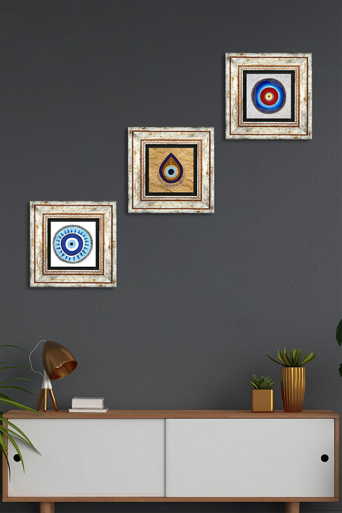 Nazar Taş Duvar Tablosu Çerçeveli Duvar Dekoru 3 Parça Tablo Seti Wall Art