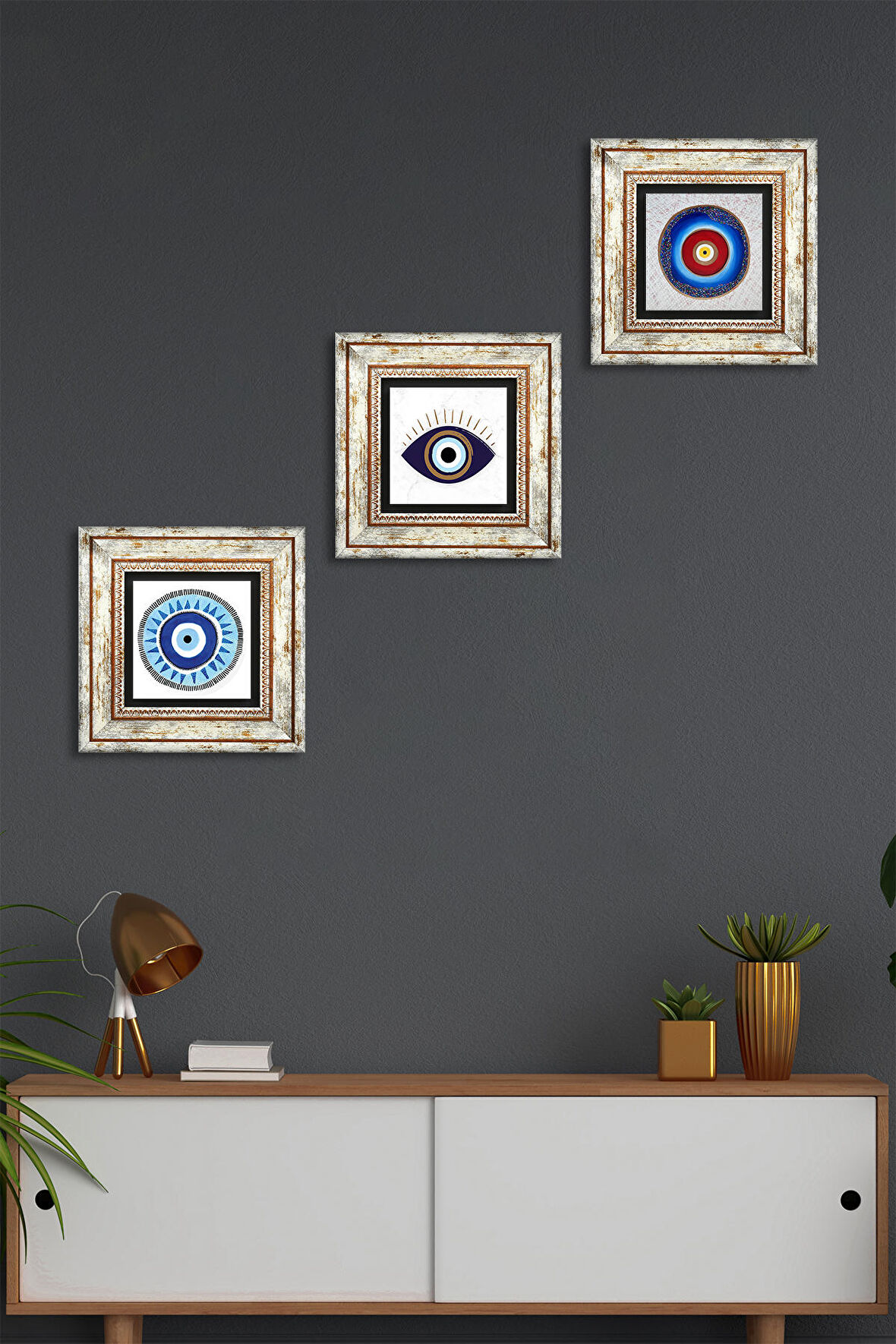 Nazar Taş Duvar Tablosu Çerçeveli Duvar Dekoru 3 Parça Tablo Seti Wall Art