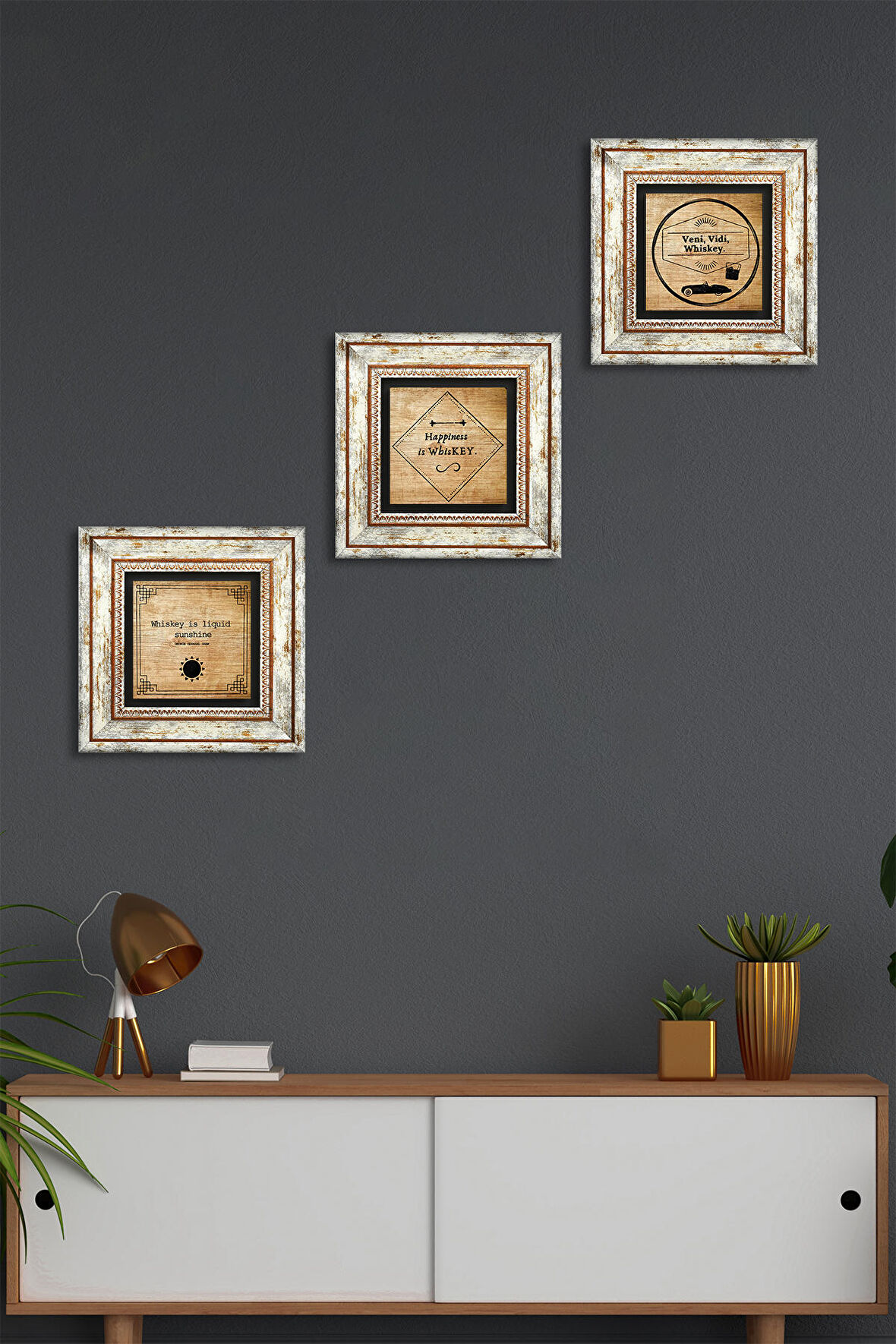 Viski Taş Duvar Tablosu Çerçeveli Duvar Dekoru 3 Parça Tablo Seti Wall Art
