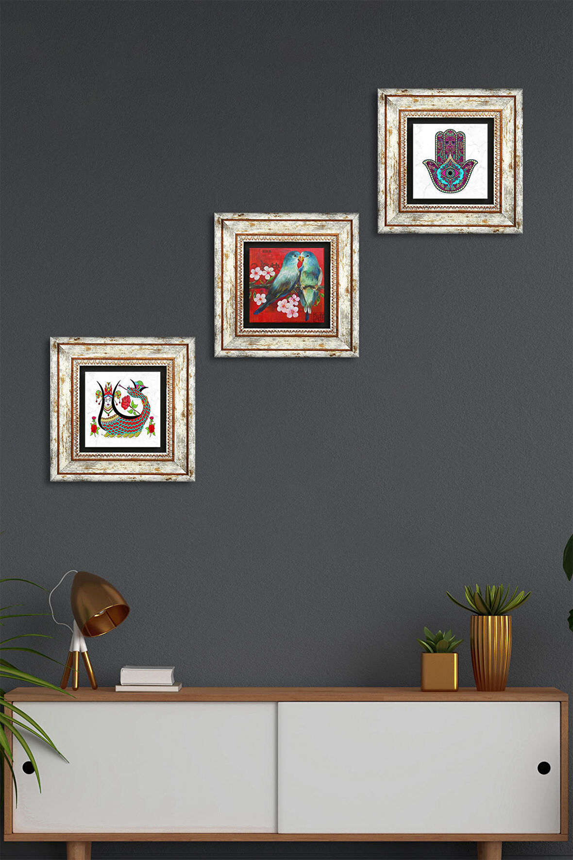 Kuş, Fatma Ana Eli (Hamsa), Şahmeran Taş Duvar Tablosu Çerçeveli Duvar Dekoru 3 Parça Tablo Seti Wall Art