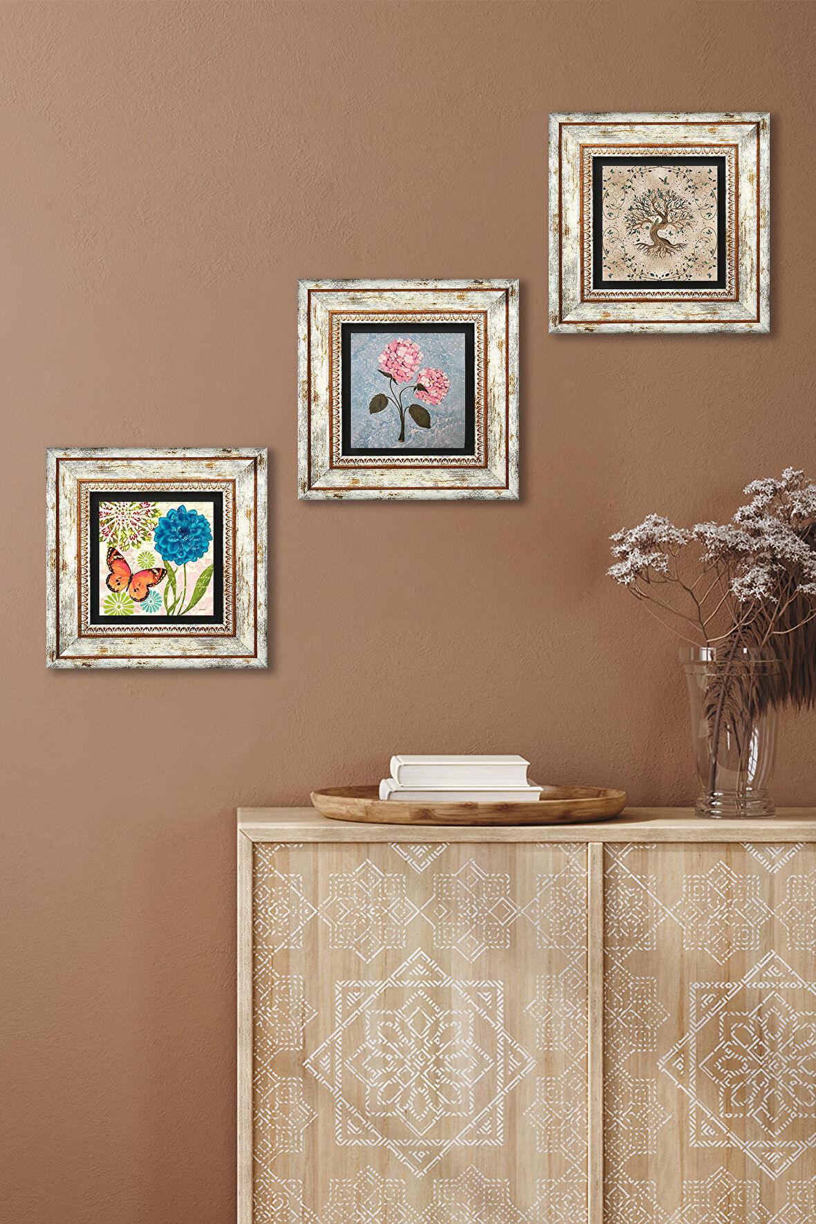 Kelebek, Pembe Ortanca Çiçeği, Hayat Ağacı Taş Duvar Tablosu Çerçeveli Duvar Dekoru 3 Parça Tablo Seti Wall Art