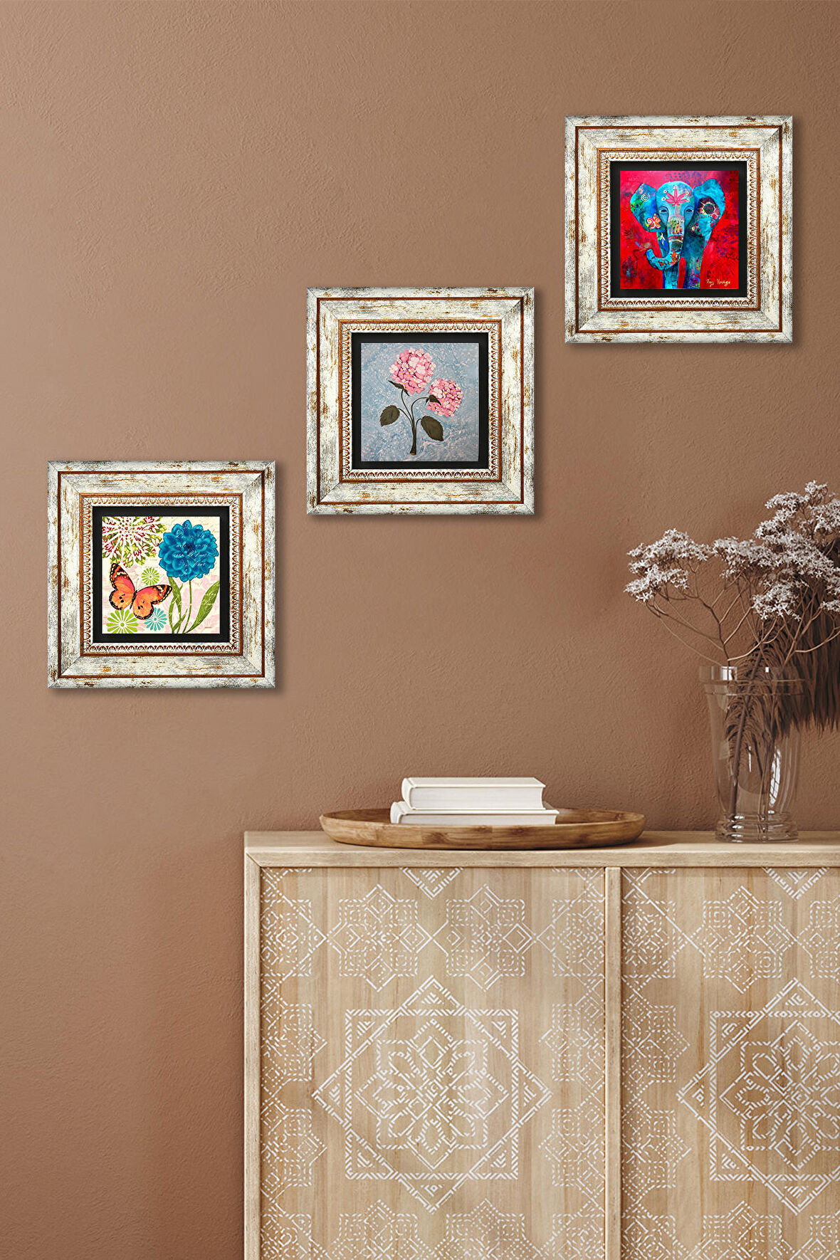 Kelebek, Fil, Pembe Ortanca Çiçeği Taş Duvar Tablosu Çerçeveli Duvar Dekoru 3 Parça Tablo Seti Wall Art