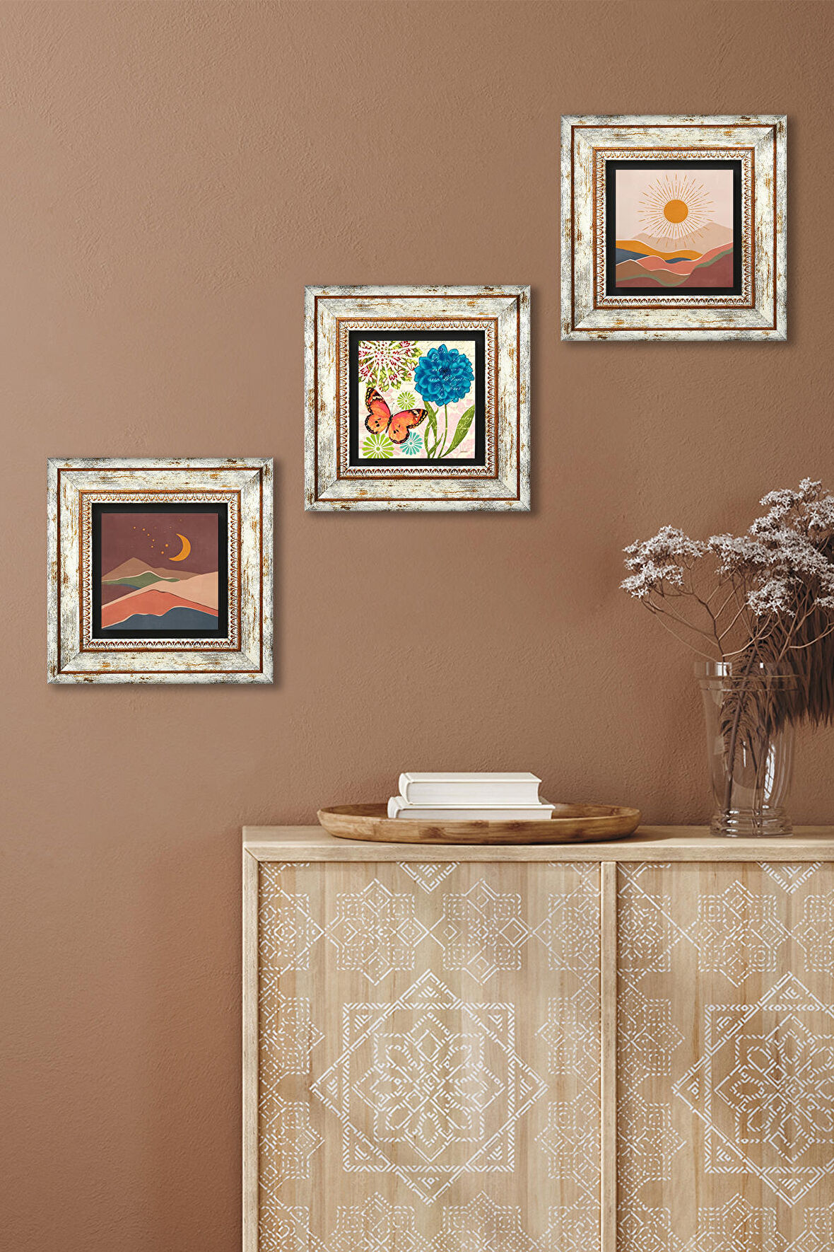 Bohem, Kelebek Taş Duvar Tablosu Çerçeveli Duvar Dekoru 3 Parça Tablo Seti Wall Art