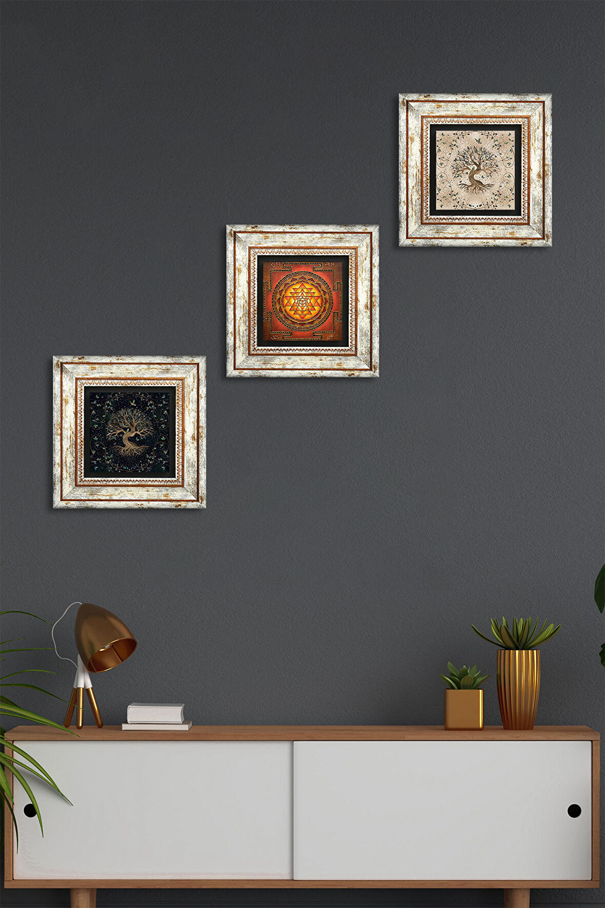 Sri Yantra, Hayat Ağacı Taş Duvar Tablosu Çerçeveli Duvar Dekoru 3 Parça Tablo Seti Wall Art