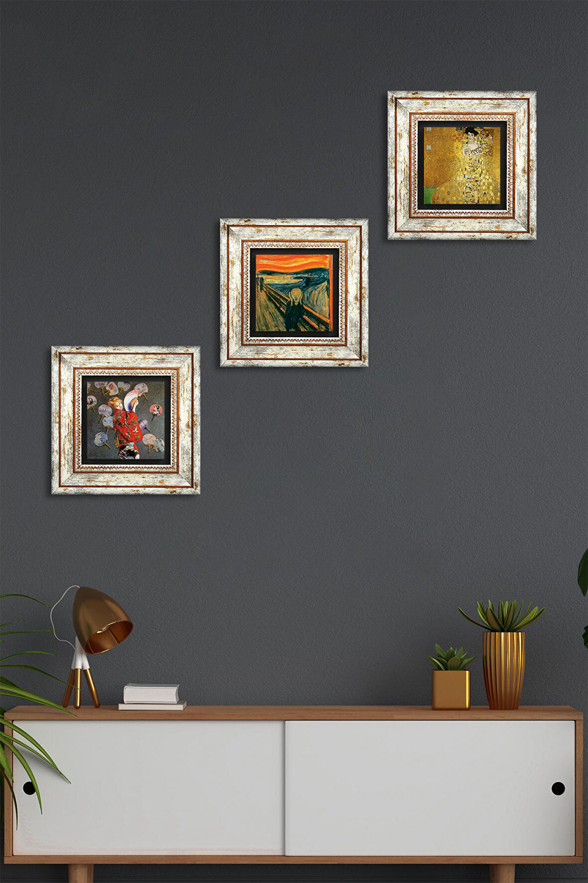 Gustav Klimt, Claude Monet, Çığlık Tablosu Taş Duvar Tablosu Çerçeveli Duvar Dekoru 3 Parça Tablo Seti Wall Art
