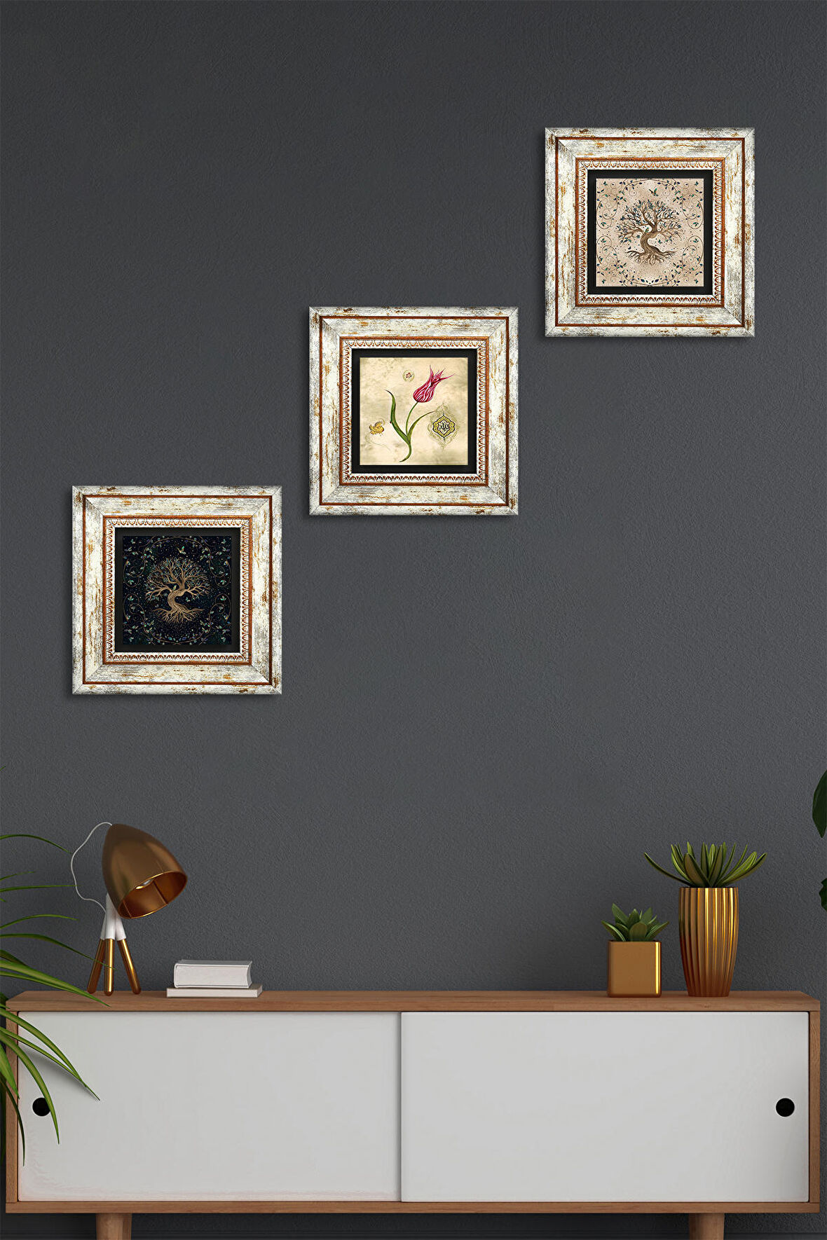 Lale Ebru Sanatı, Hayat Ağacı Taş Duvar Tablosu Çerçeveli Duvar Dekoru 3 Parça Tablo Seti Wall Art