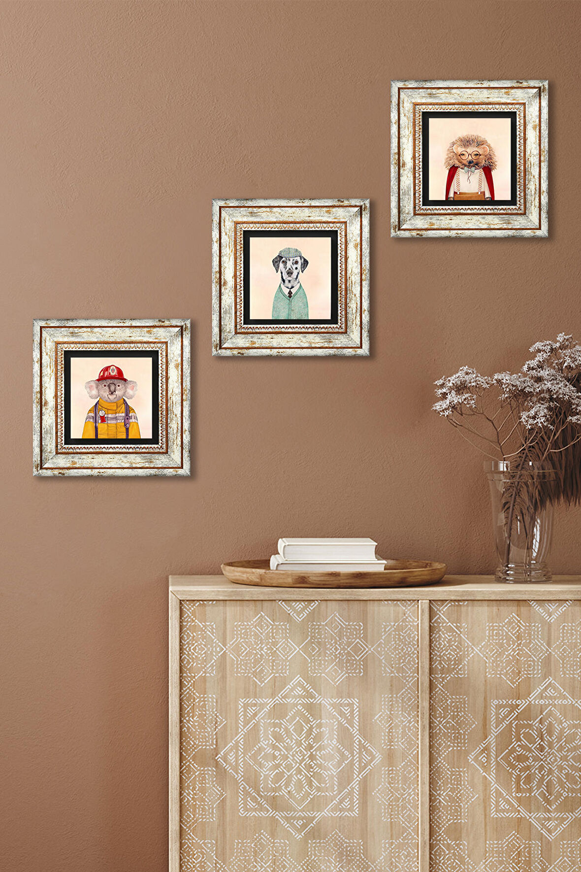 Kirpi, Köpek, Koala Taş Duvar Tablosu Çerçeveli Duvar Dekoru 3 Parça Tablo Seti Wall Art