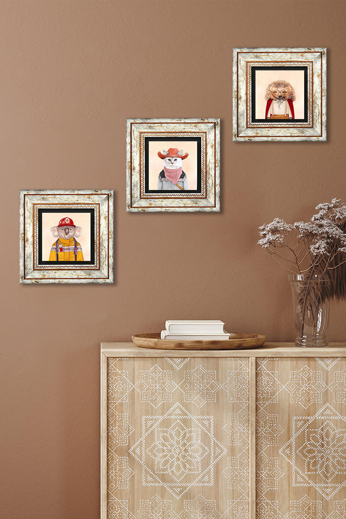 Kirpi, Kedi, Koala Taş Duvar Tablosu Çerçeveli Duvar Dekoru 3 Parça Tablo Seti Wall Art