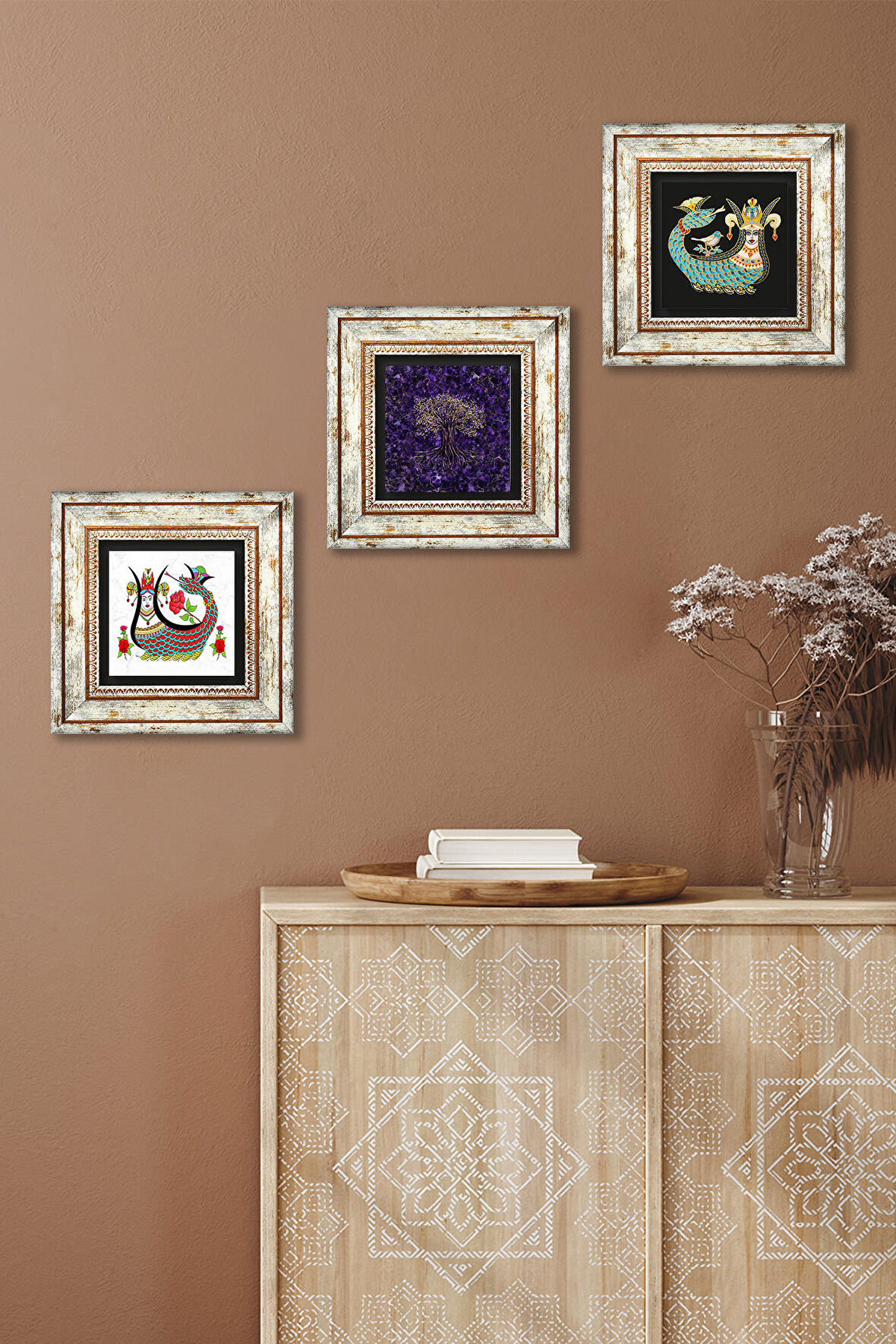 Hayat Ağacı, Şahmeran Taş Duvar Tablosu Çerçeveli Duvar Dekoru 3 Parça Tablo Seti Wall Art