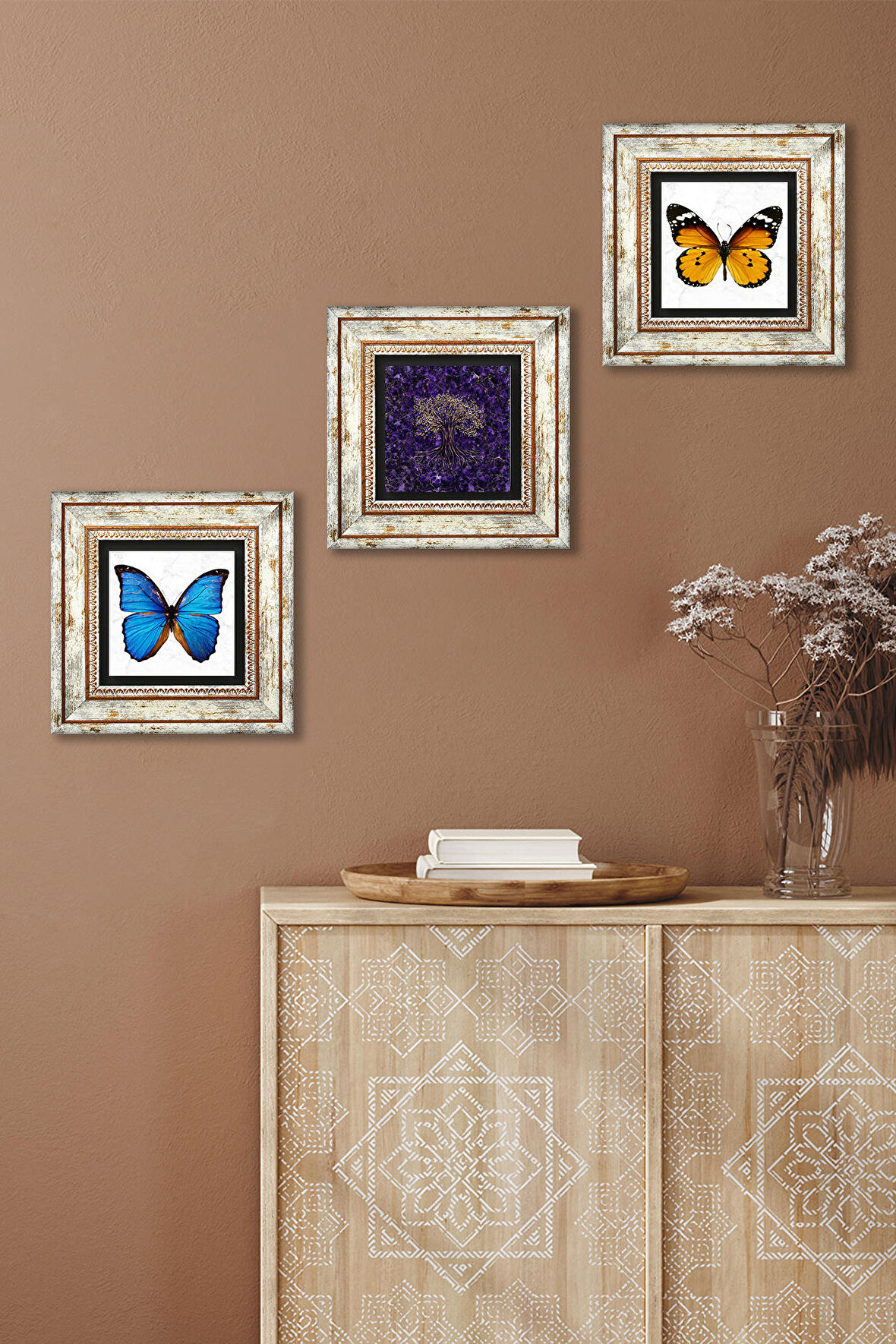 Hayat Ağacı, Kelebek Taş Duvar Tablosu Çerçeveli Duvar Dekoru 3 Parça Tablo Seti Wall Art