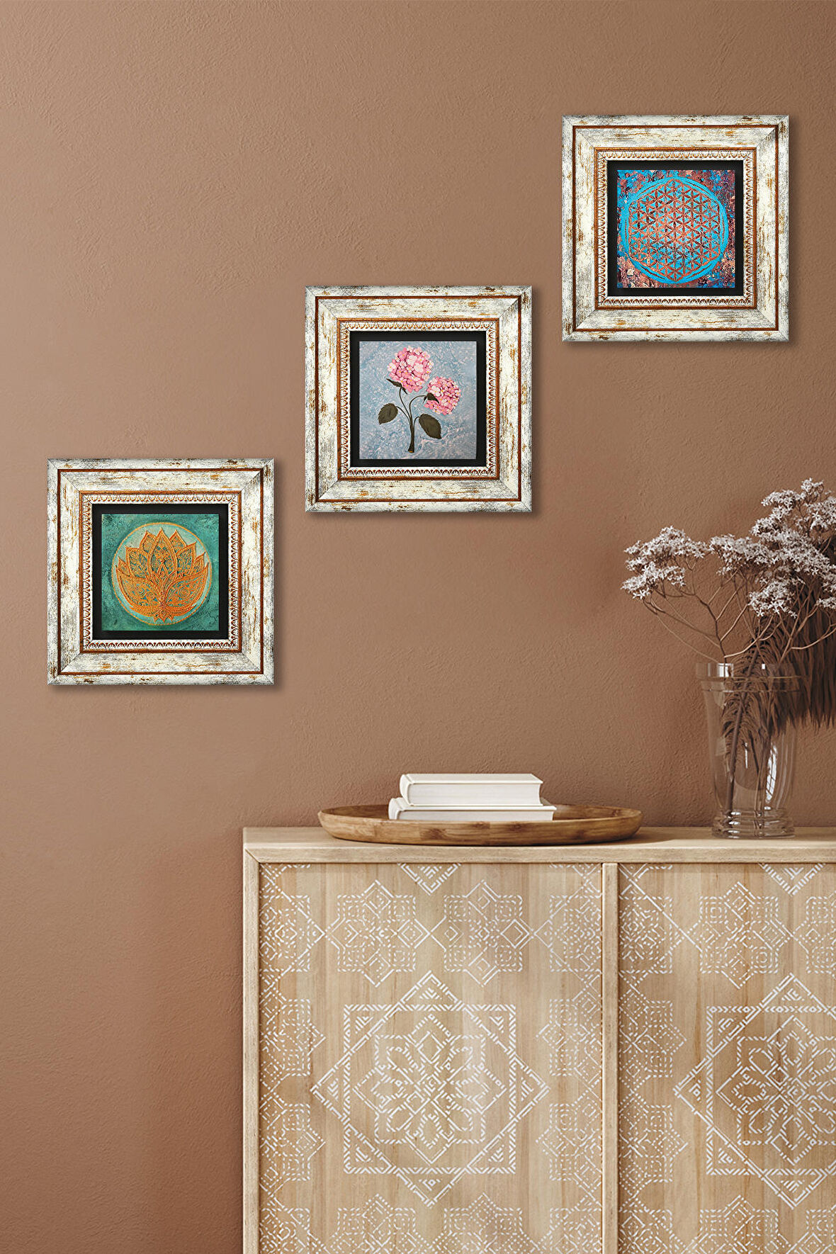 Yaşam Çiçeği, Lotus Çiçeği, Pembe Ortanca Çiçeği Taş Duvar Tablosu Çerçeveli Duvar Dekoru 3 Parça Tablo Seti Wall Art