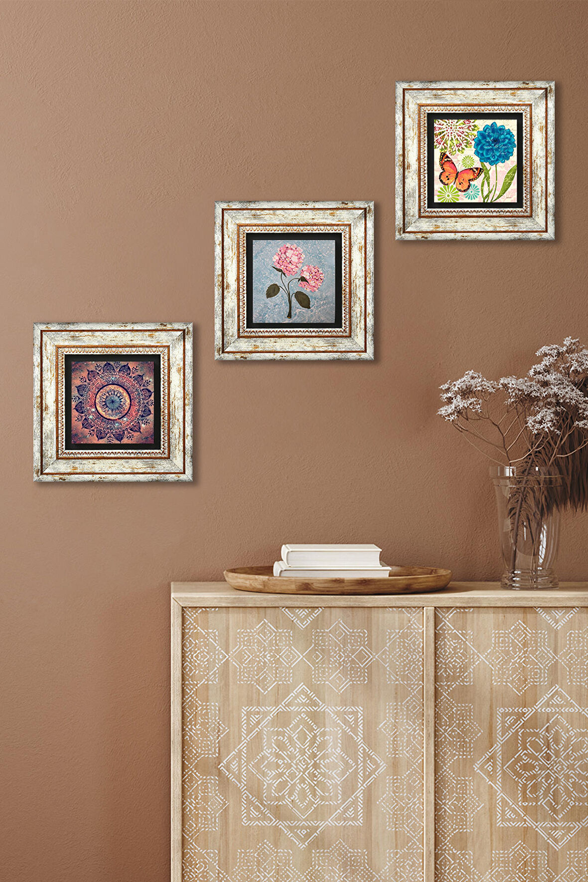 Mandala, Kelebek, Pembe Ortanca Çiçeği Taş Duvar Tablosu Çerçeveli Duvar Dekoru 3 Parça Tablo Seti Wall Art
