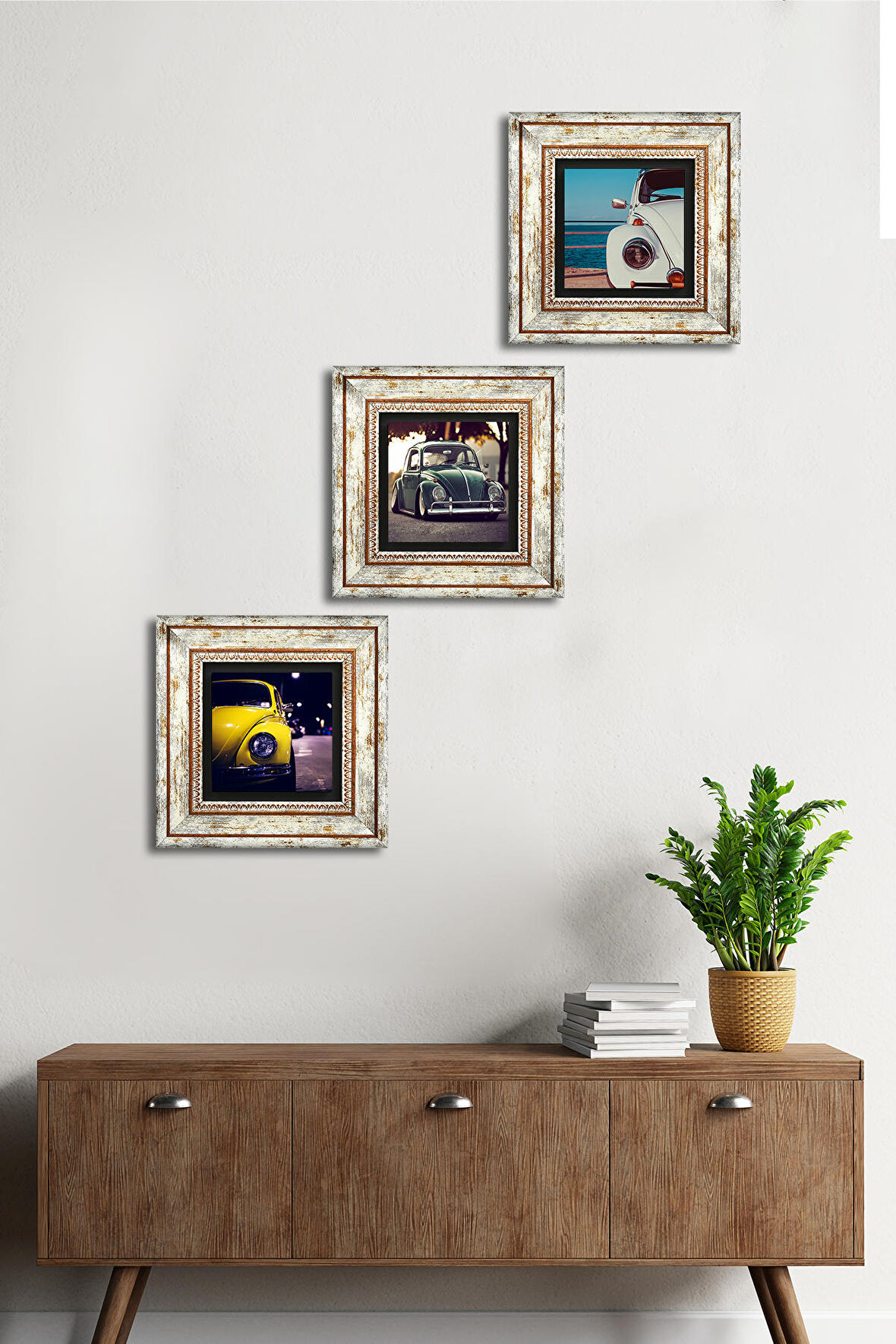 Vosvos Araba Taş Duvar Tablosu Çerçeveli Duvar Dekoru 3 Parça Tablo Seti Wall Art