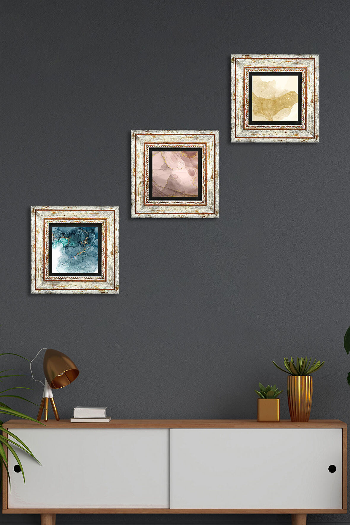 Soyut Sanat Taş Duvar Tablosu Çerçeveli Duvar Dekoru 3 Parça Tablo Seti Wall Art