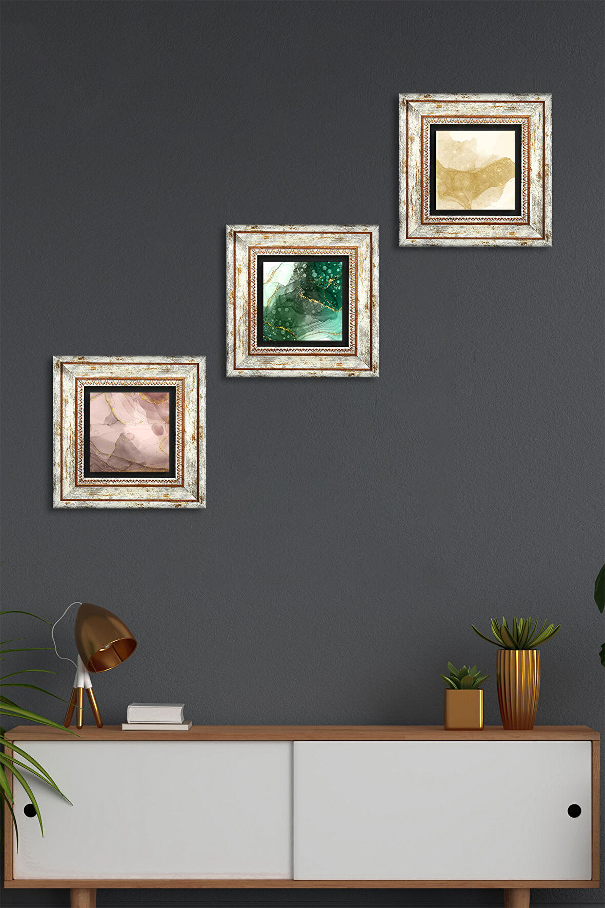 Soyut Sanat Taş Duvar Tablosu Çerçeveli Duvar Dekoru 3 Parça Tablo Seti Wall Art