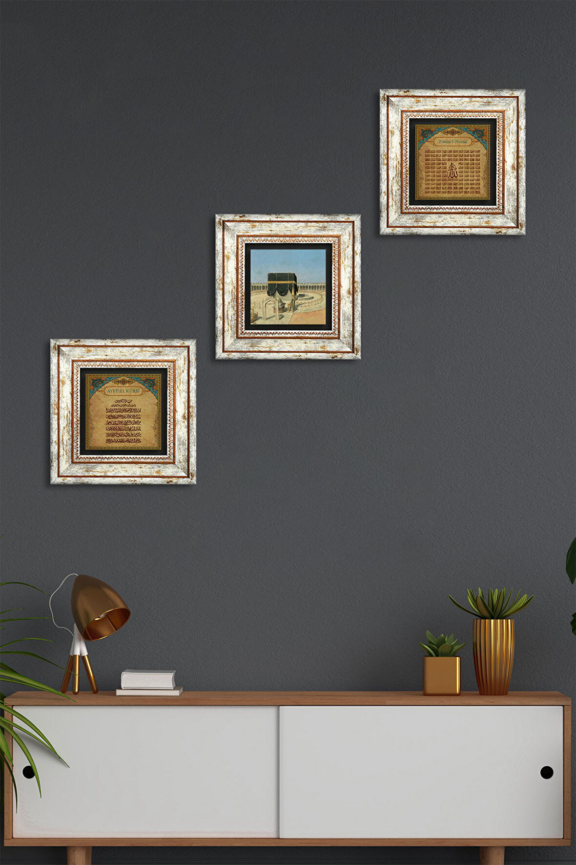 Kabe-i Muazzama, Ayet-el Kürsi, Esma'ül Hüsna Taş Duvar Tablosu Çerçeveli Duvar Dekoru 3 Parça Tablo Seti Wall Art