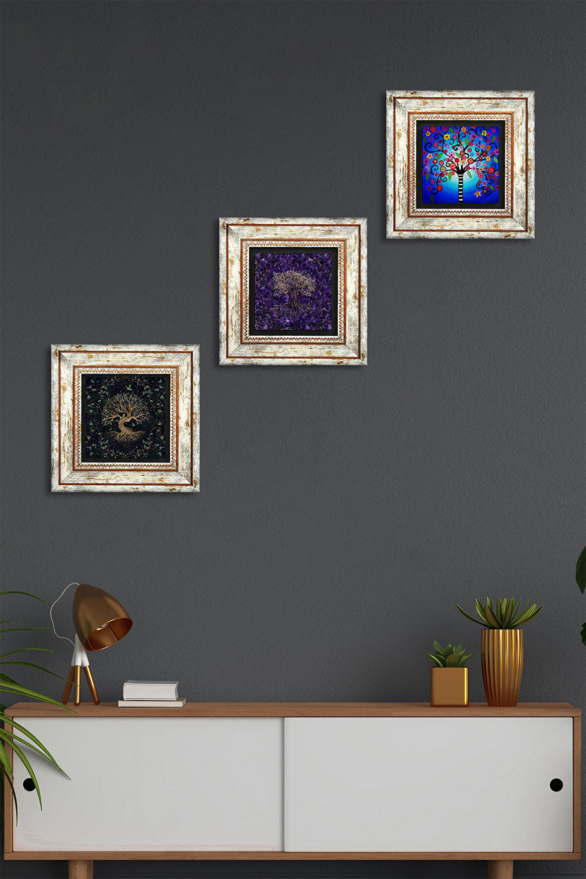 Hayat Ağacı Taş Duvar Tablosu Çerçeveli Duvar Dekoru 3 Parça Tablo Seti Wall Art