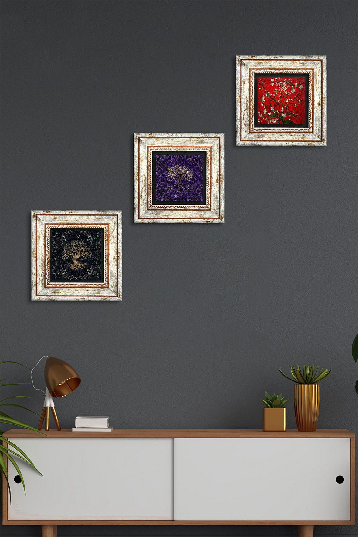 Hayat Ağacı, Van Gogh Badem Ağacı Taş Duvar Tablosu Çerçeveli Duvar Dekoru 3 Parça Tablo Seti Wall Art