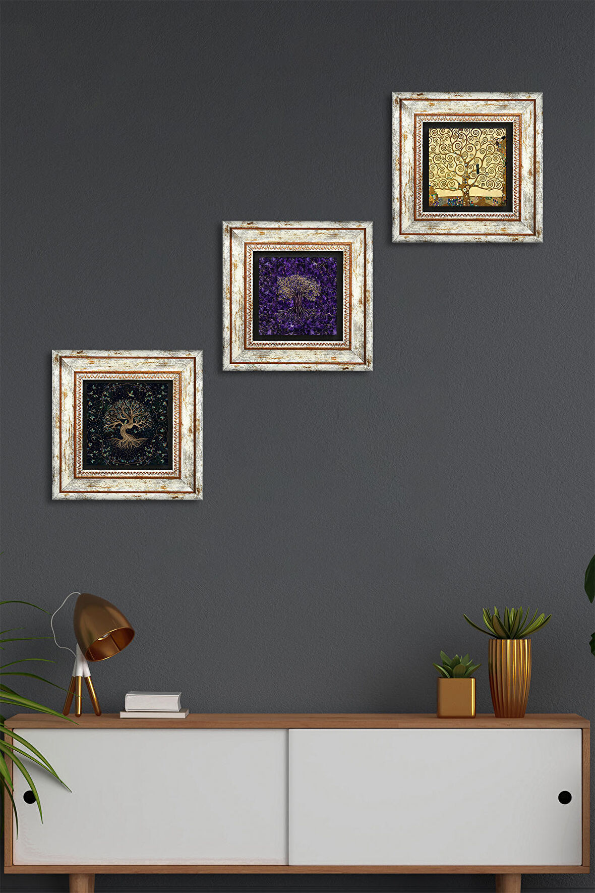 Hayat Ağacı Taş Duvar Tablosu Çerçeveli Duvar Dekoru 3 Parça Tablo Seti Wall Art