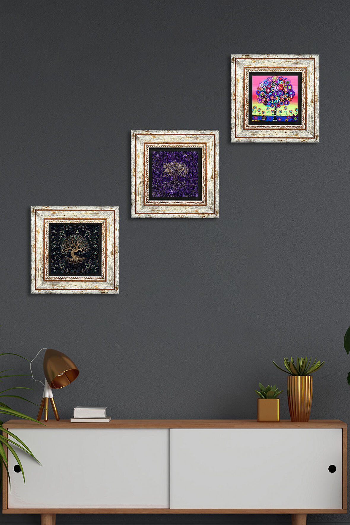 Hayat Ağacı Taş Duvar Tablosu Çerçeveli Duvar Dekoru 3 Parça Tablo Seti Wall Art