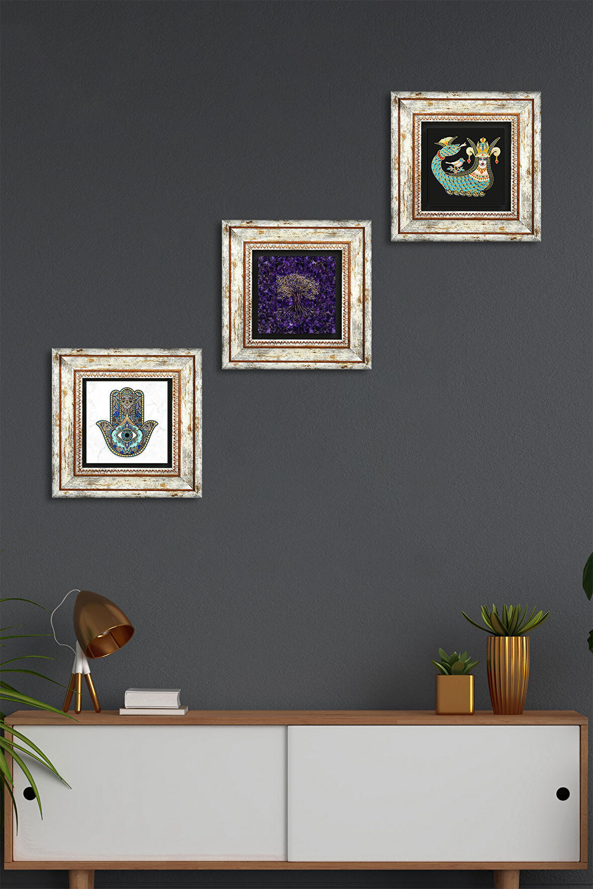 Hayat Ağacı, Şahmeran, Fatma Ana Eli (Hamsa) Taş Duvar Tablosu Çerçeveli Duvar Dekoru 3 Parça Tablo Seti Wall Art