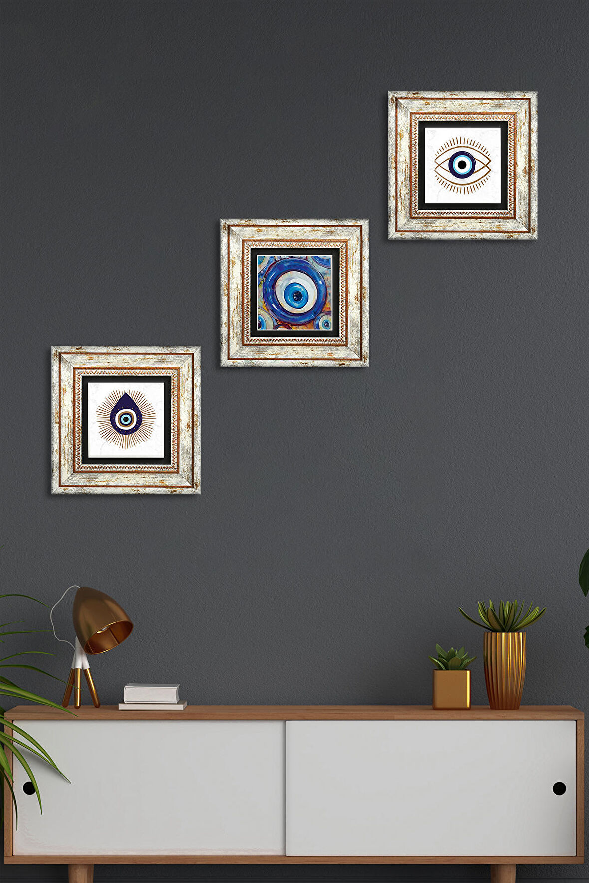 Nazar Taş Duvar Tablosu Çerçeveli Duvar Dekoru 3 Parça Tablo Seti Wall Art