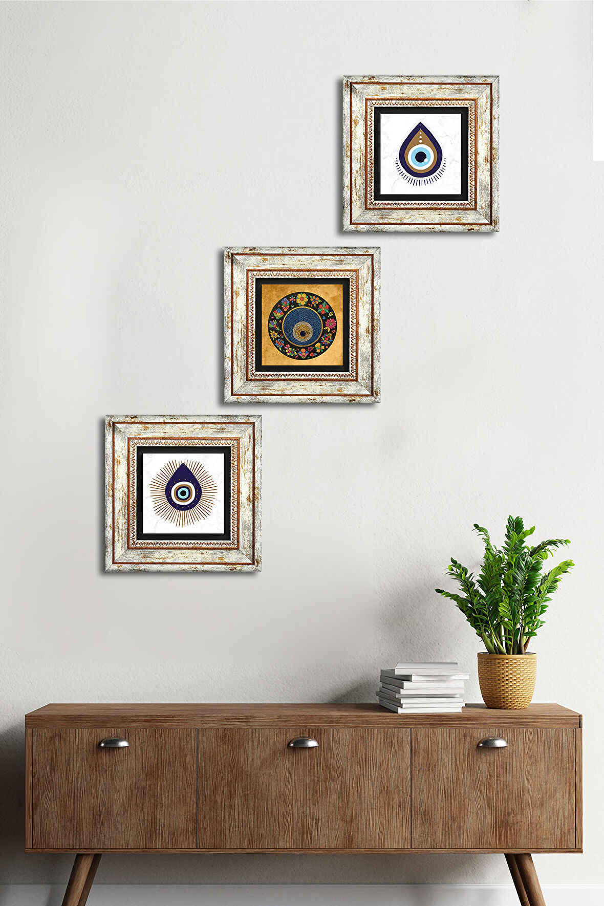 Nazar Taş Duvar Tablosu Çerçeveli Duvar Dekoru 3 Parça Tablo Seti Wall Art