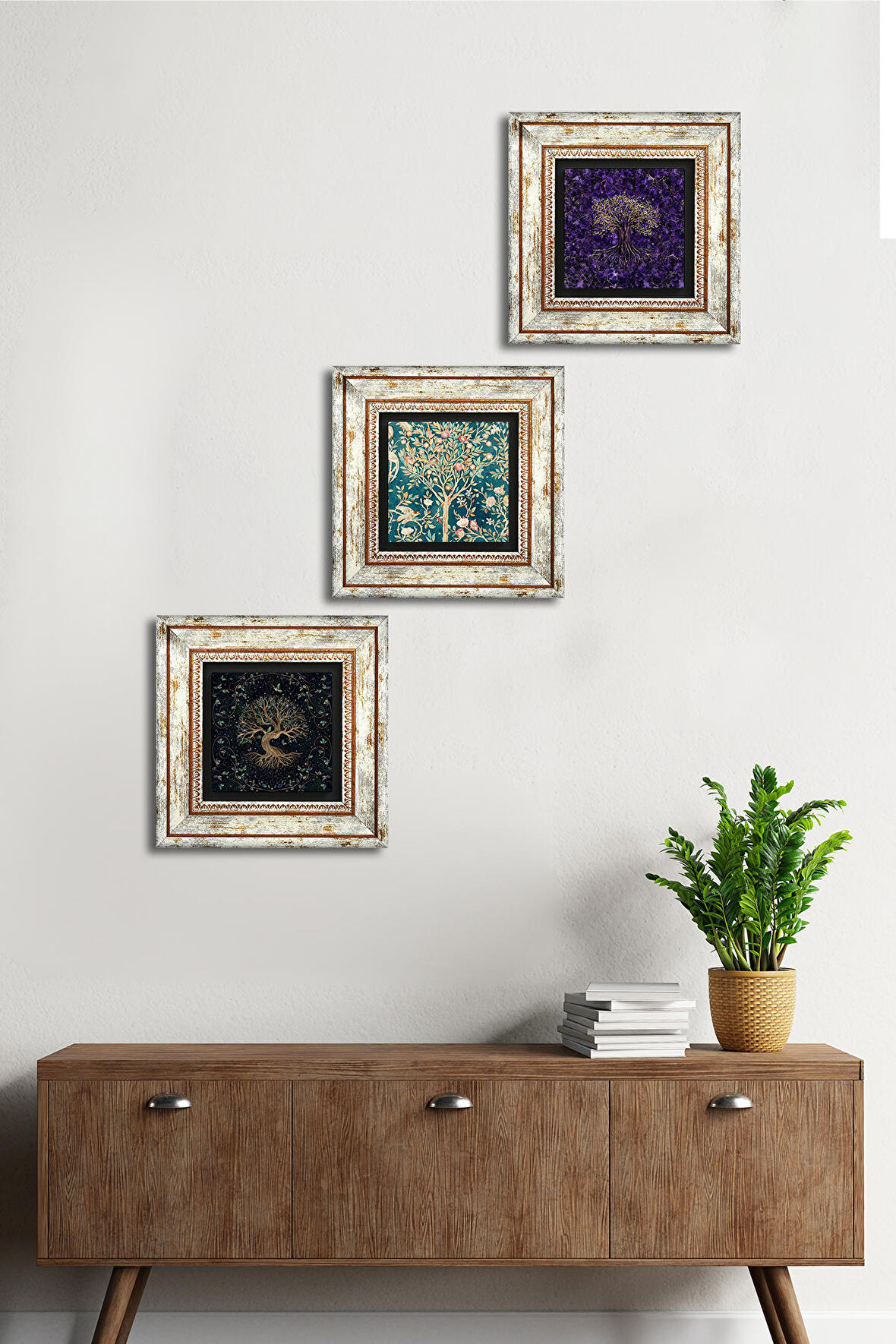 Hayat Ağacı Taş Duvar Tablosu Çerçeveli Duvar Dekoru 3 Parça Tablo Seti Wall Art