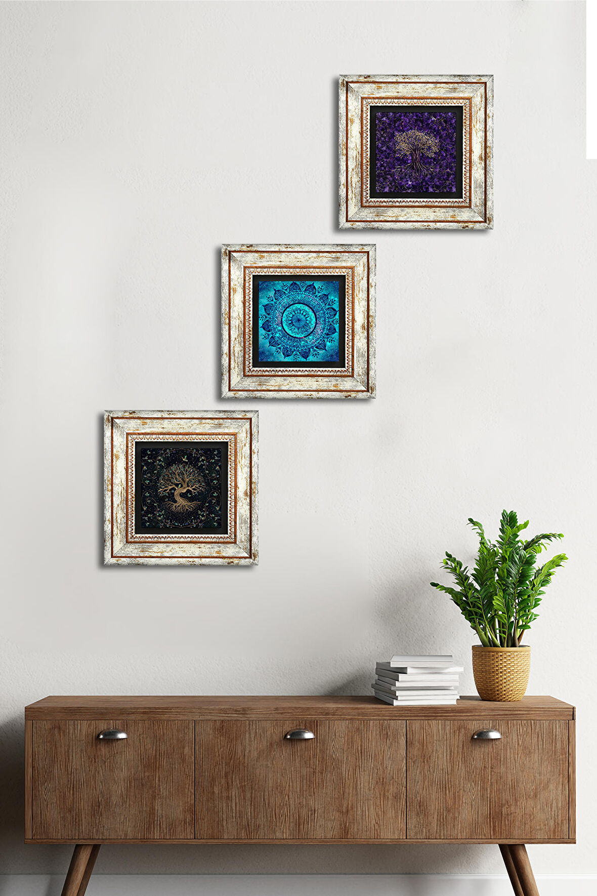 Mandala, Hayat Ağacı Taş Duvar Tablosu Çerçeveli Duvar Dekoru 3 Parça Tablo Seti Wall Art