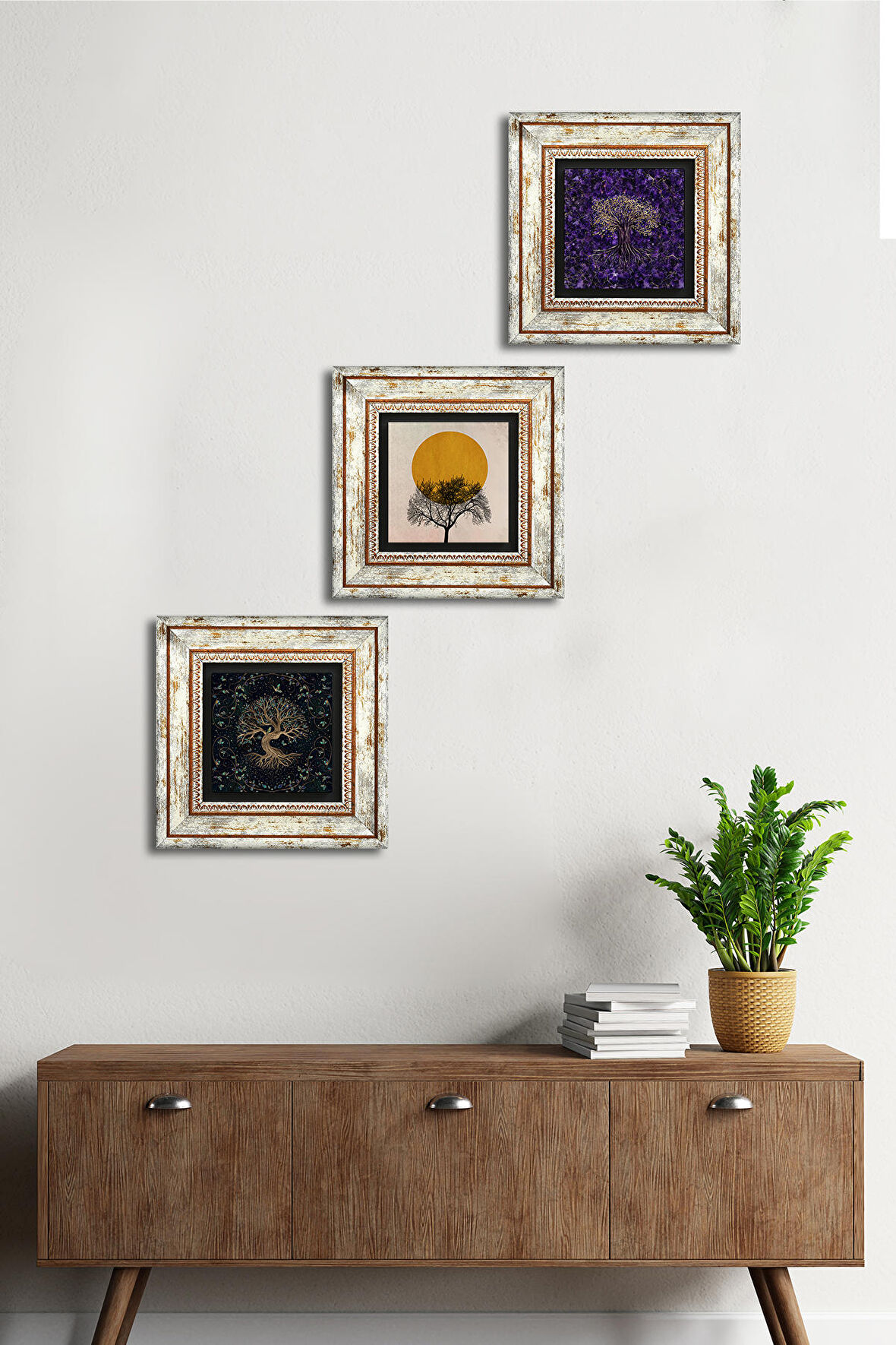 Minimalist, Hayat Ağacı Taş Duvar Tablosu Çerçeveli Duvar Dekoru 3 Parça Tablo Seti Wall Art