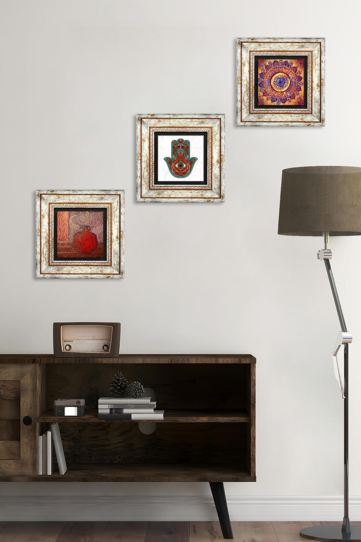 Mandala, Fatma Ana Eli (Hamsa), Nar Taş Duvar Tablosu Çerçeveli Duvar Dekoru 3 Parça Tablo Seti Wall Art