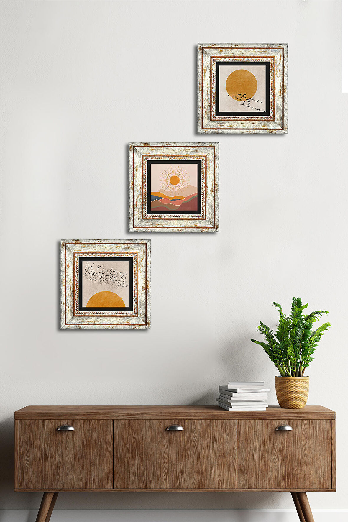 Minimalist, Bohem Taş Duvar Tablosu Çerçeveli Duvar Dekoru 3 Parça Tablo Seti Wall Art