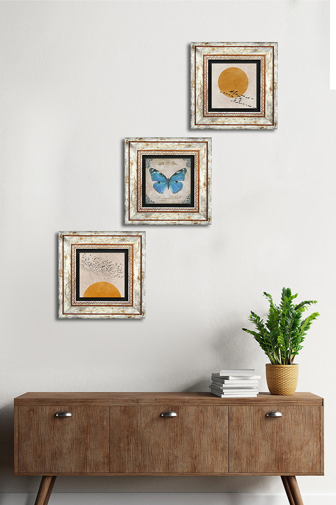 Minimalist, Kelebek Taş Duvar Tablosu Çerçeveli Duvar Dekoru 3 Parça Tablo Seti Wall Art