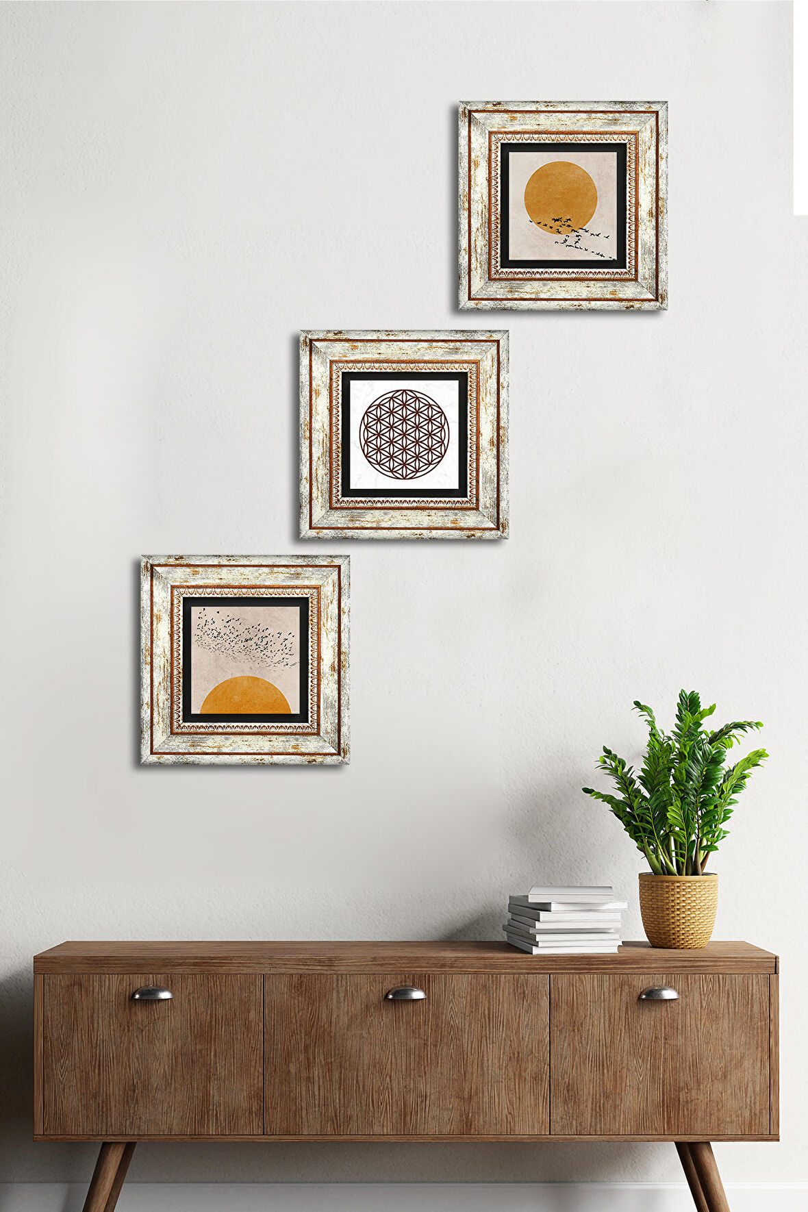 Minimalist, Yaşam Çiçeği Taş Duvar Tablosu Çerçeveli Duvar Dekoru 3 Parça Tablo Seti Wall Art