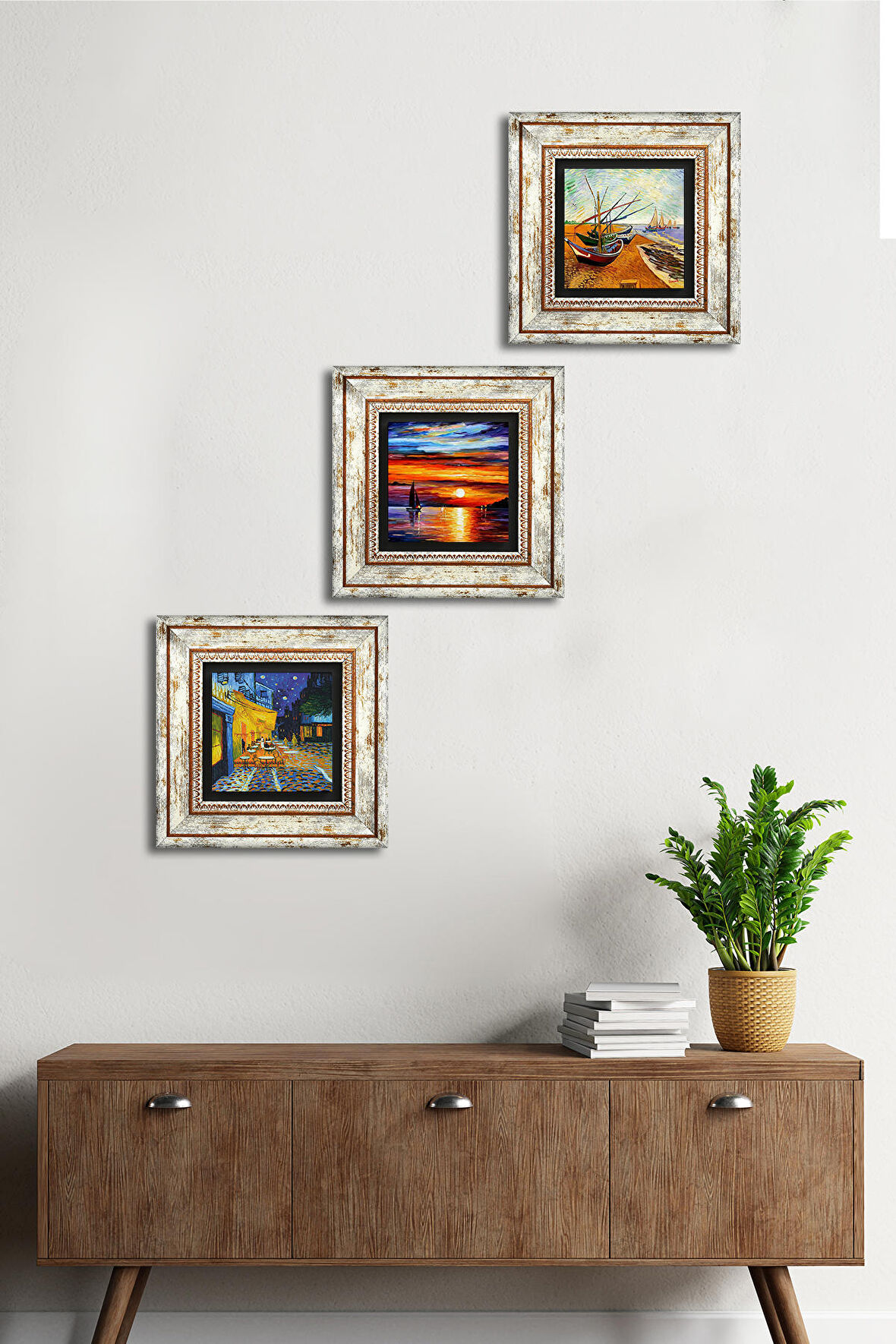 Van Gogh, Deniz Manzarası Taş Duvar Tablosu Çerçeveli Duvar Dekoru 3 Parça Tablo Seti Wall Art