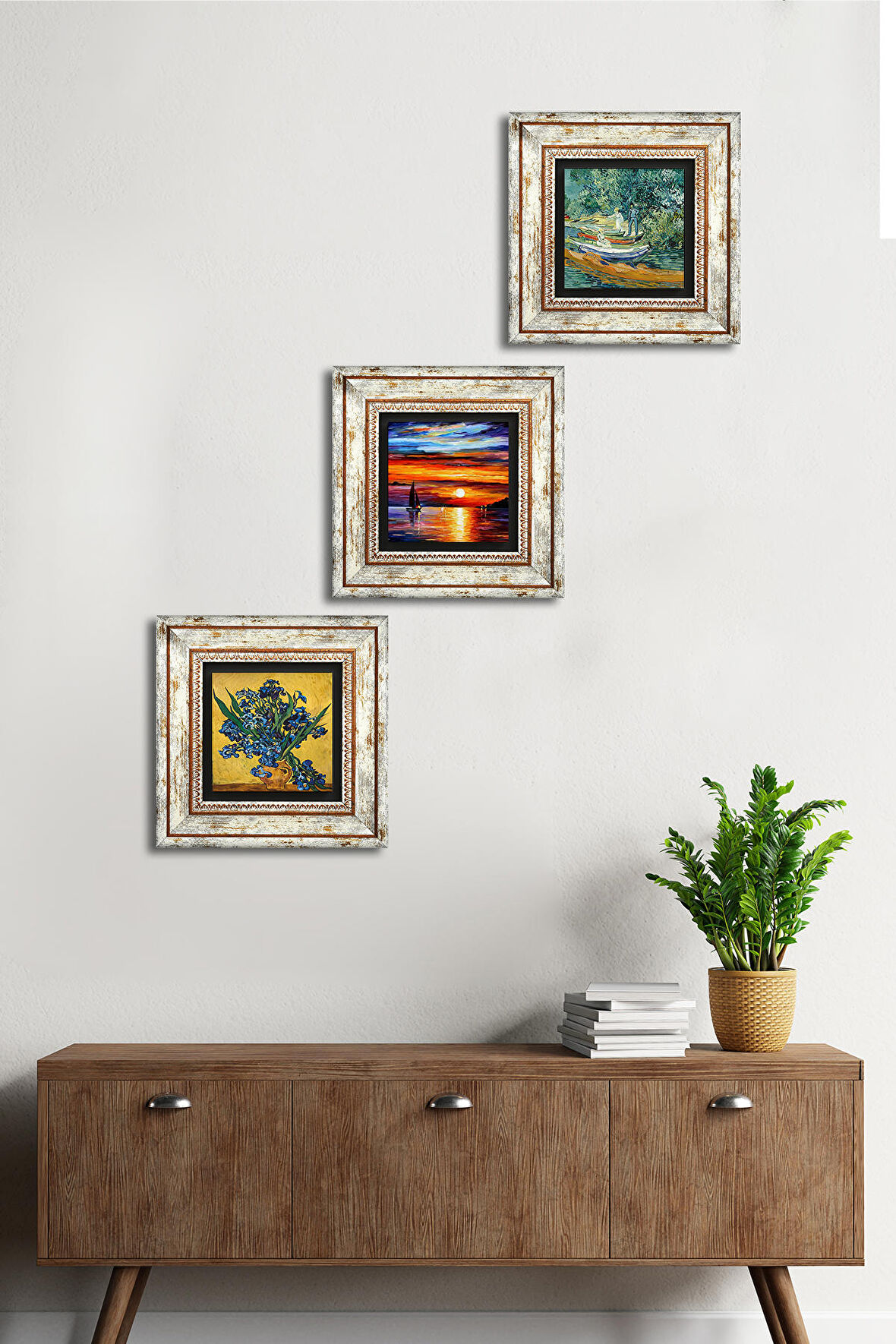 Van Gogh Süsenler, Oise Bankası, Deniz Manzarası Taş Duvar Tablosu Çerçeveli Duvar Dekoru 3 Parça Tablo Seti Wall Art