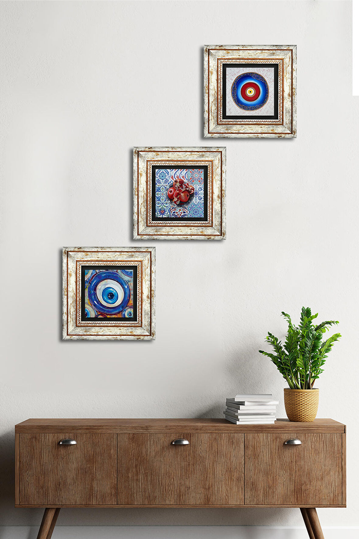 Nazar, Nar Taş Duvar Tablosu Çerçeveli Duvar Dekoru 3 Parça Tablo Seti Wall Art