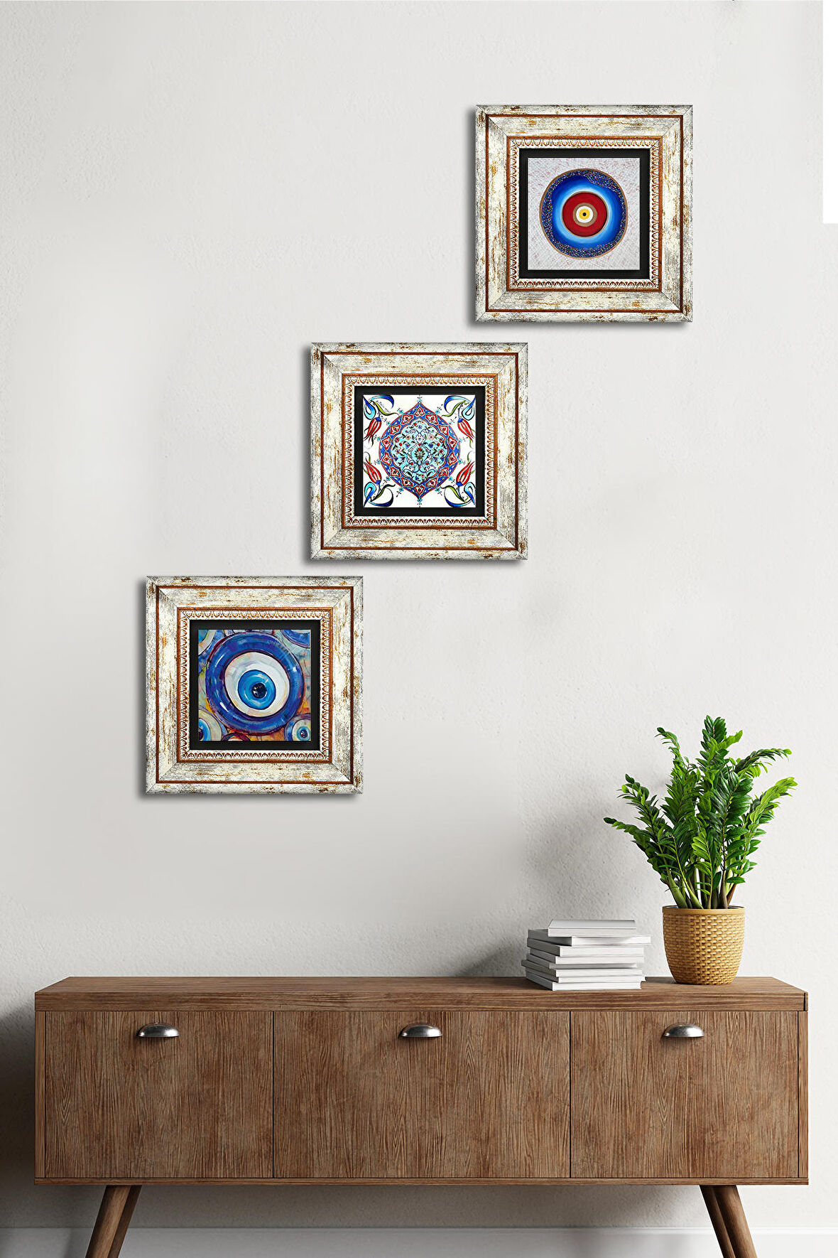 Nazar, Çini Sanatı Taş Duvar Tablosu Çerçeveli Duvar Dekoru 3 Parça Tablo Seti Wall Art